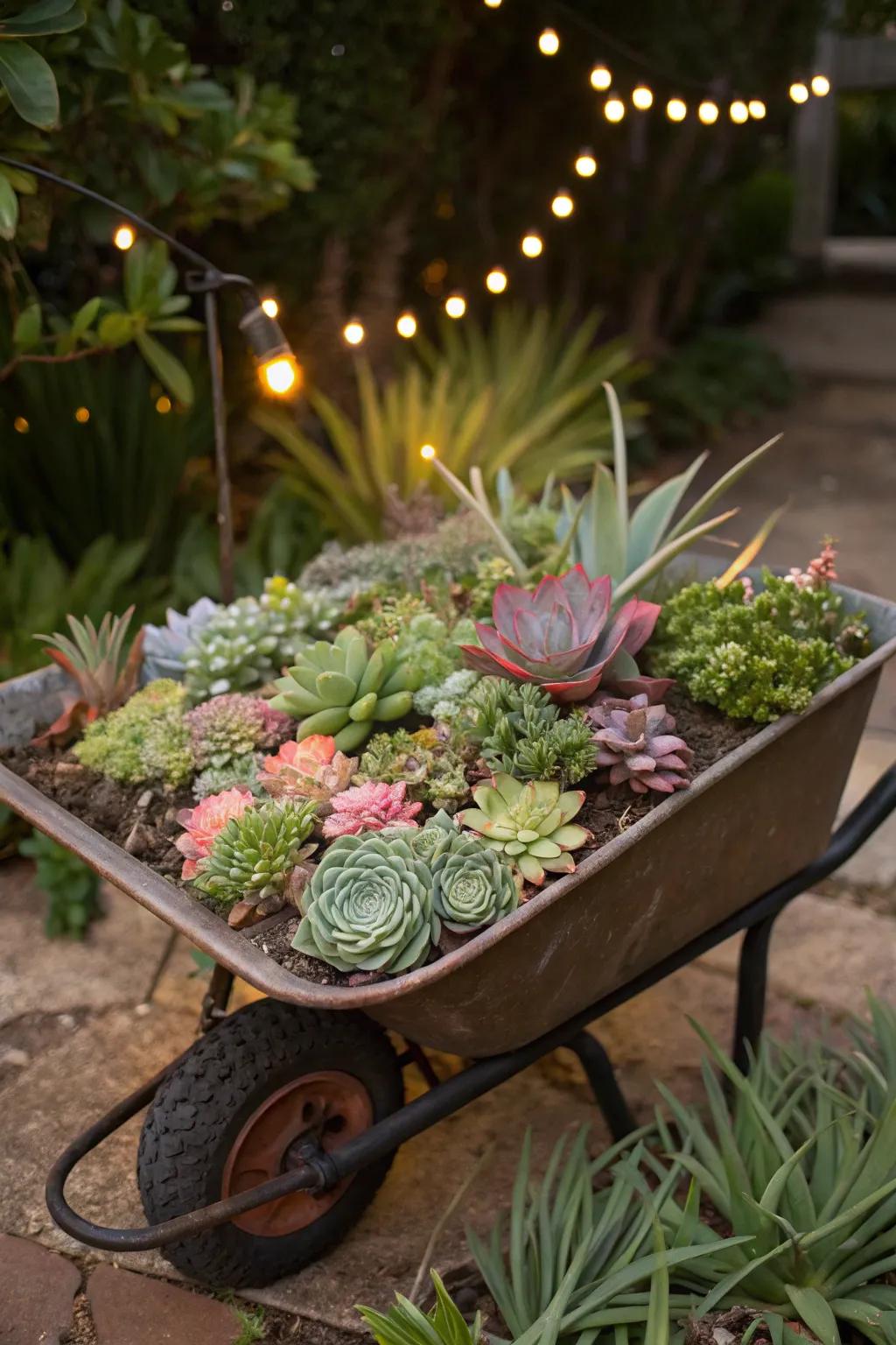 A vibrant array of succulents in a wheelbarrow planter.