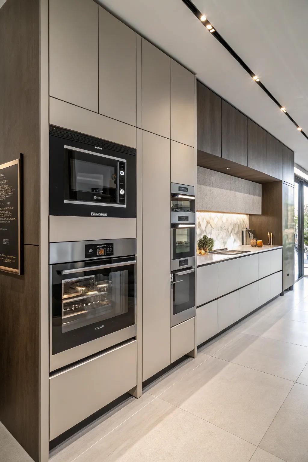 An appliance wall with an integrated speed oven creates a polished, cohesive kitchen.
