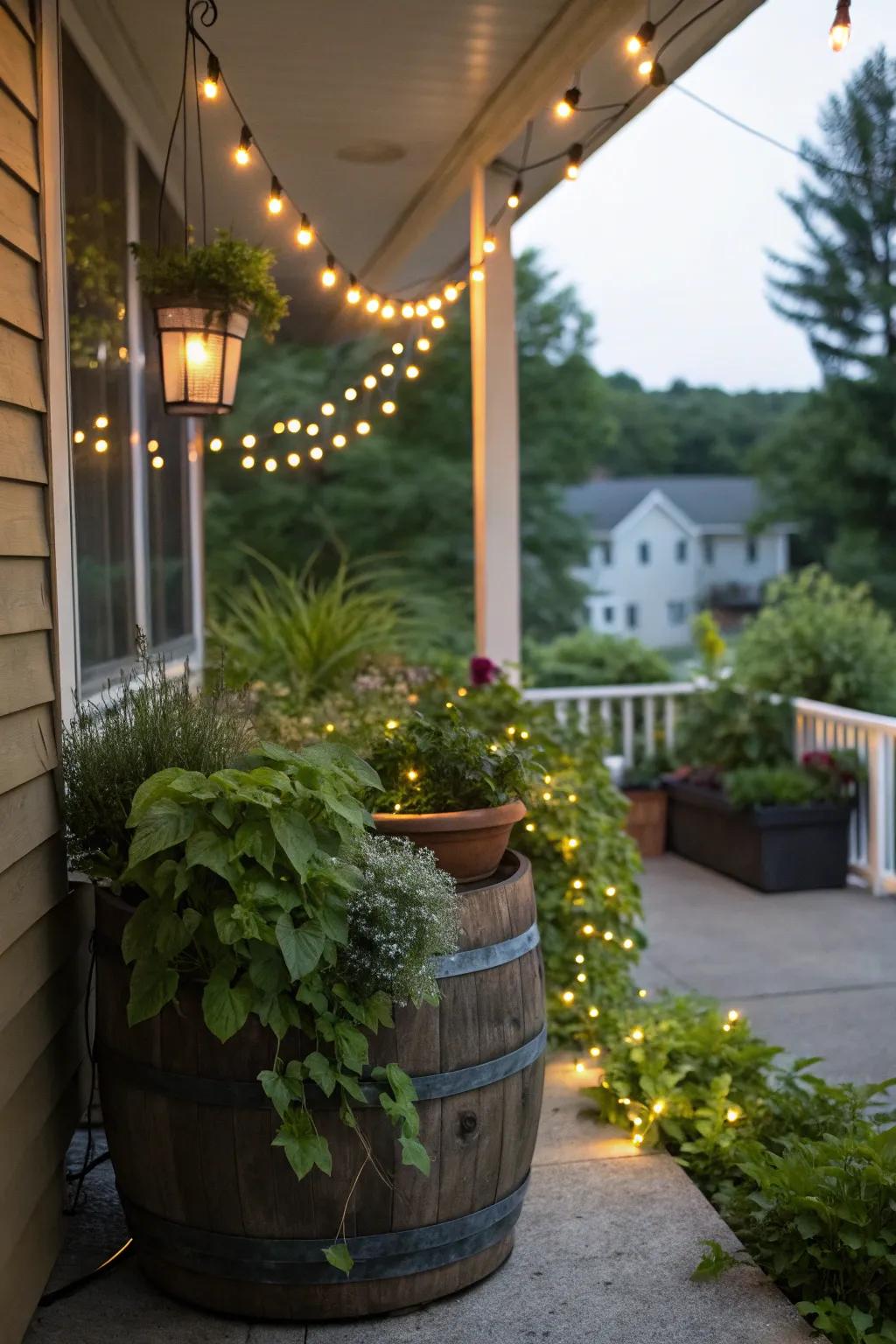 A patio nook escape featuring a cask and string lights.