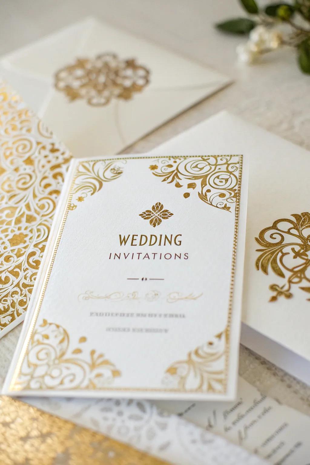 Stylish wedding notices in white and gold.