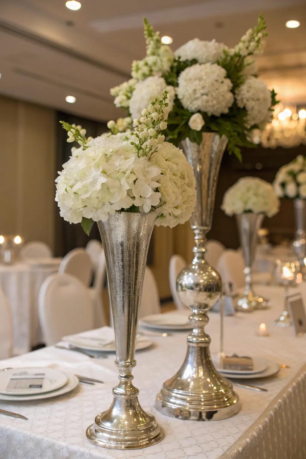 Add enduring charm with silver and white floral displays.