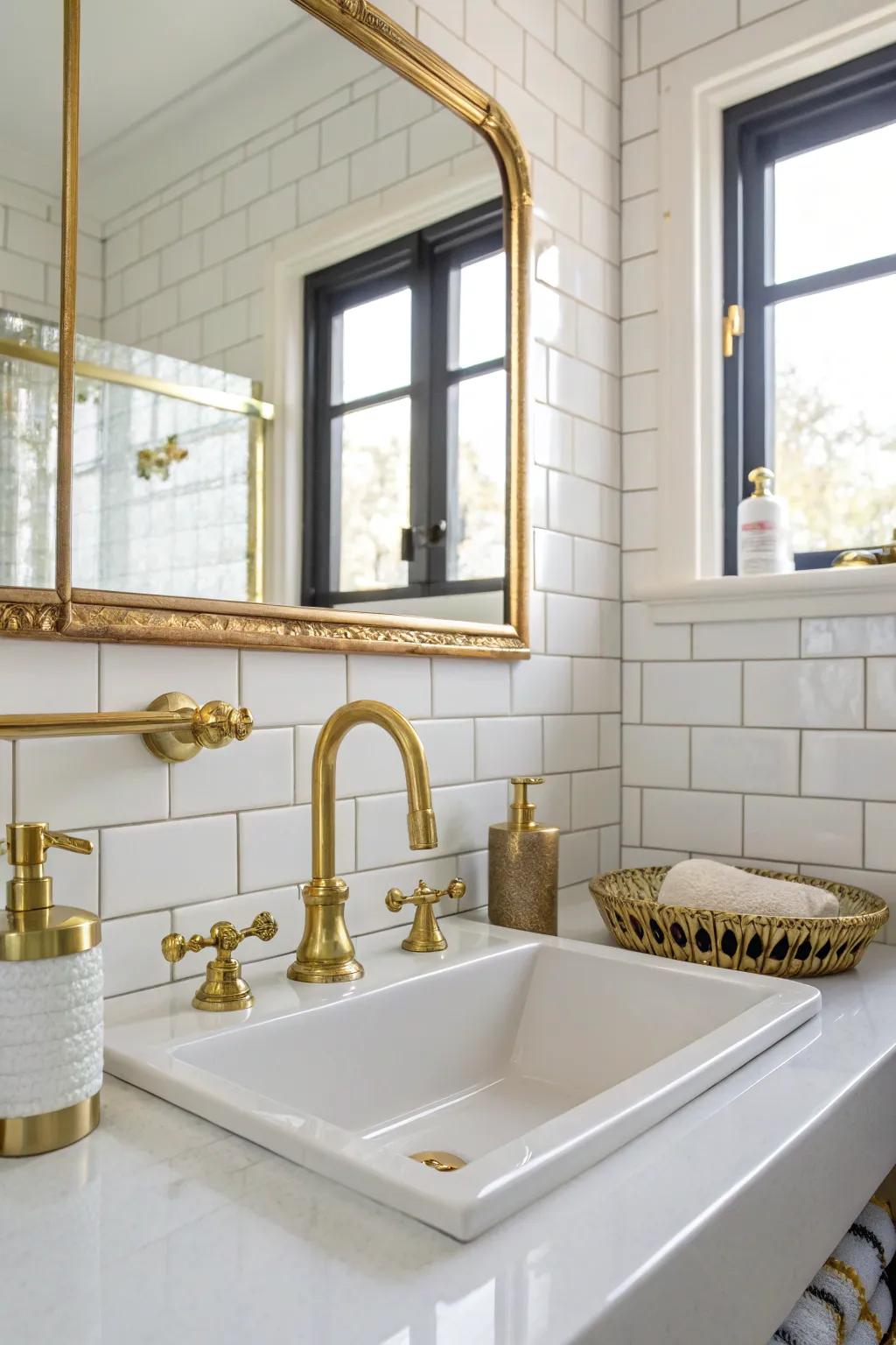 Metallic accents bring a touch of luxury to white tiles.