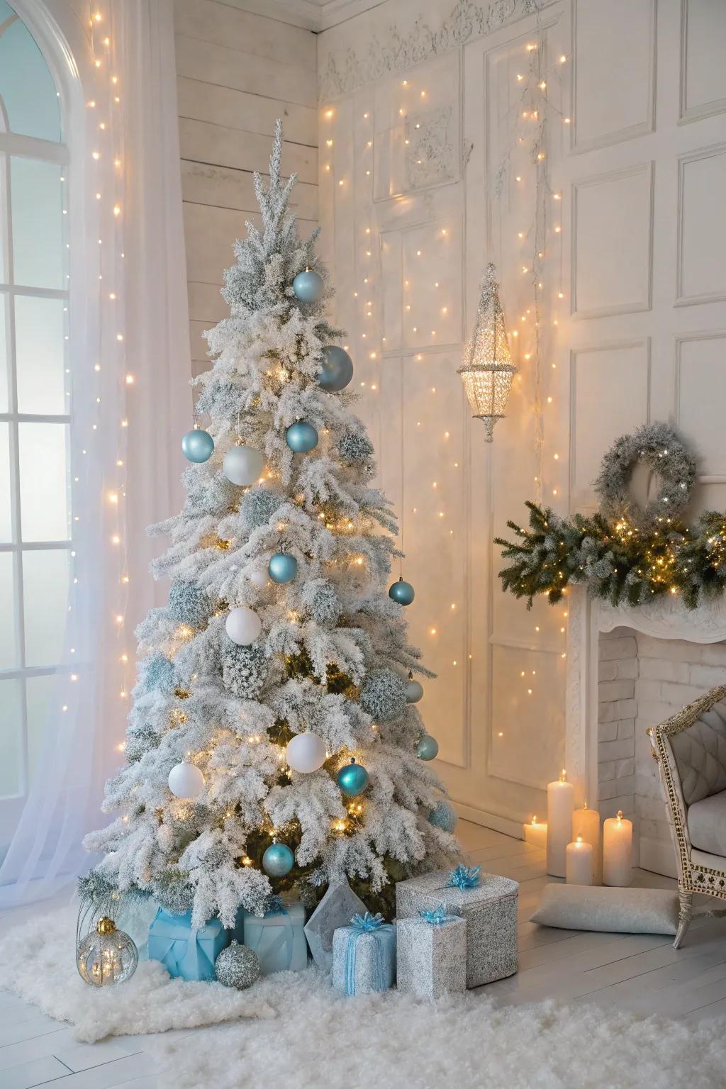 Glaciated winter utopia motif on a white Christmas tree.