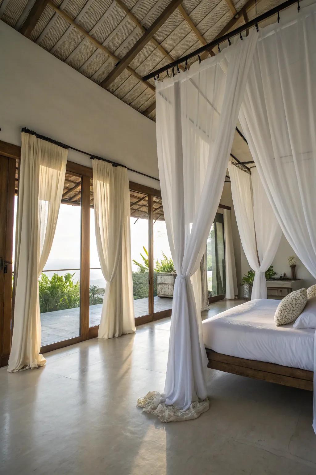 Elongated pale drapes create a dramatic, height-enhancing result.