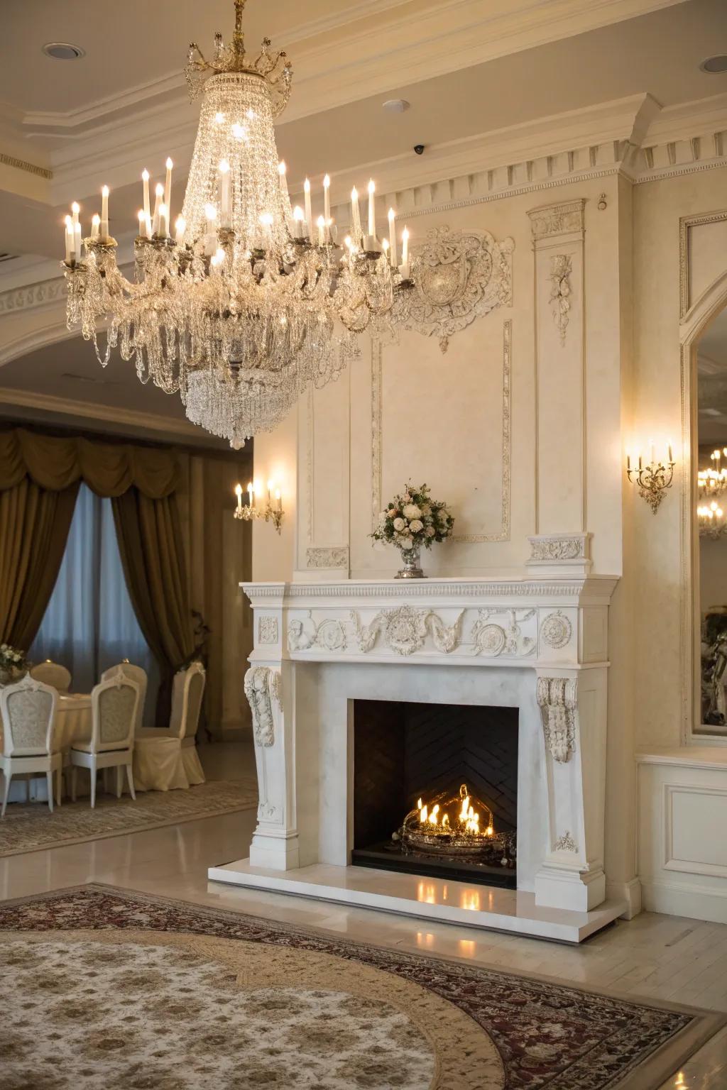 Dramatic illumination elevates the elegance of a white firebox.