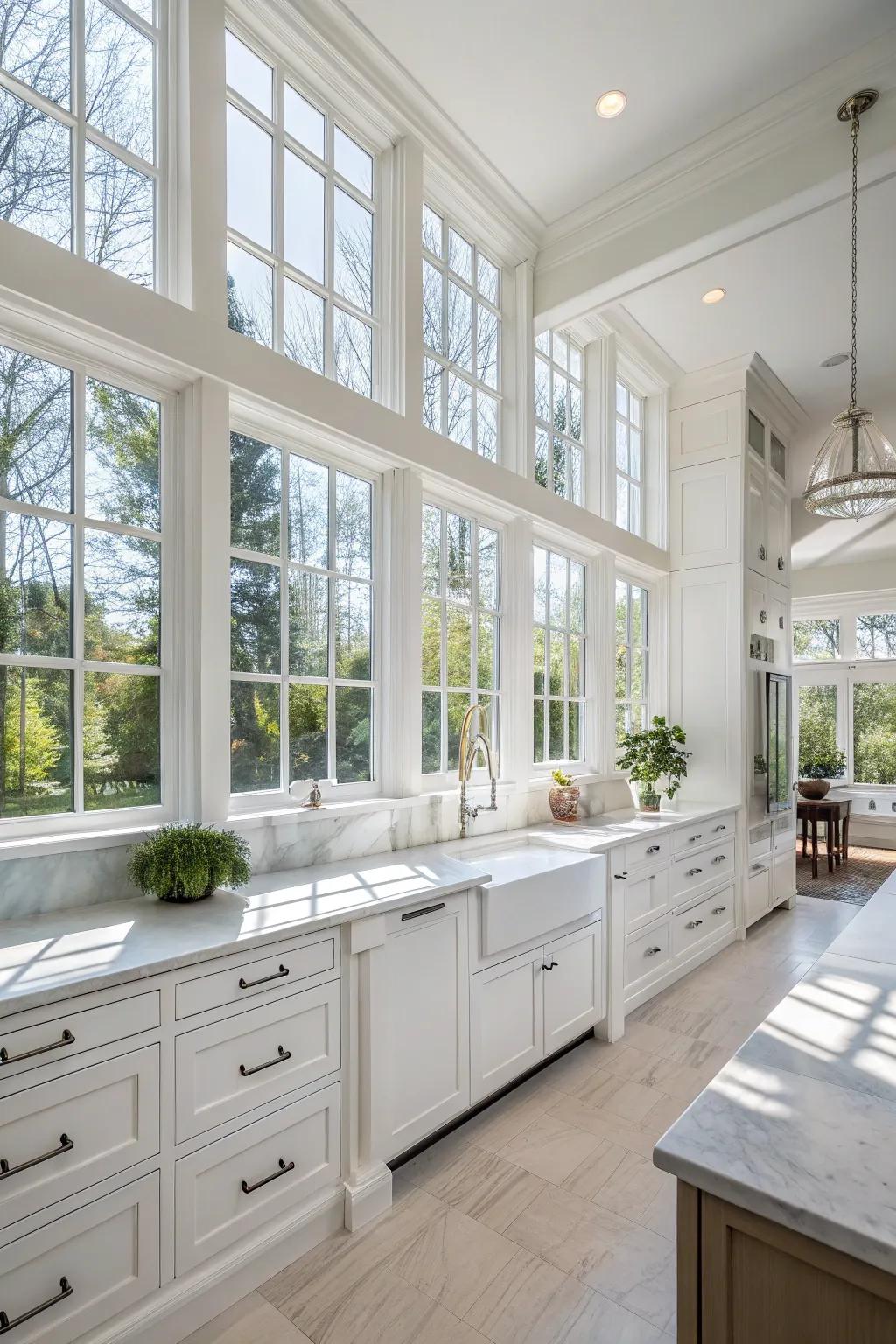 Expansive windows flood the white kitchen with natural radiance, establishing an airy ambiance.
