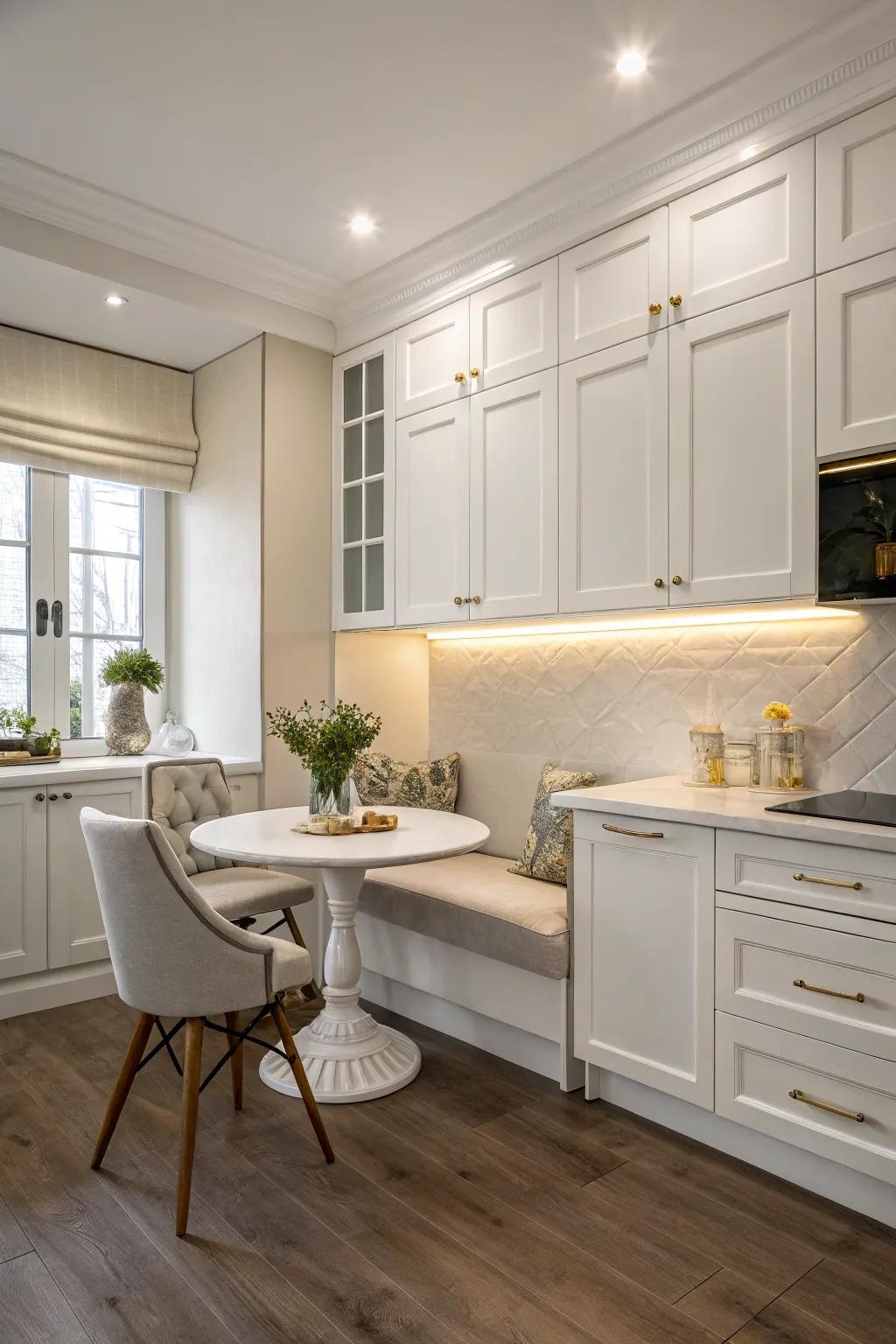 A relaxing corner adds a personal escape in the white kitchen.