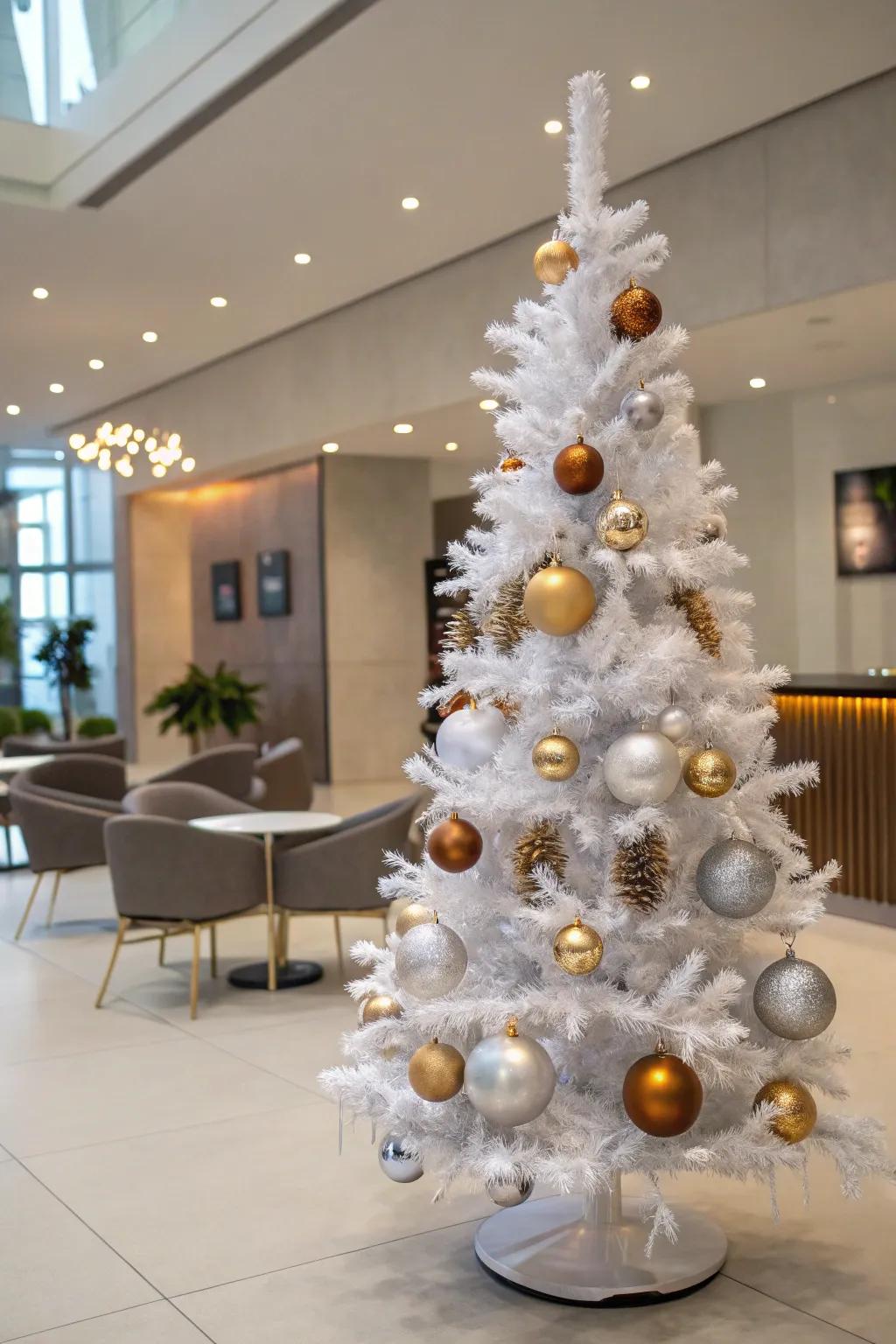 A modern metallics-themed white pencil tree showcasing mixed metal decorations.