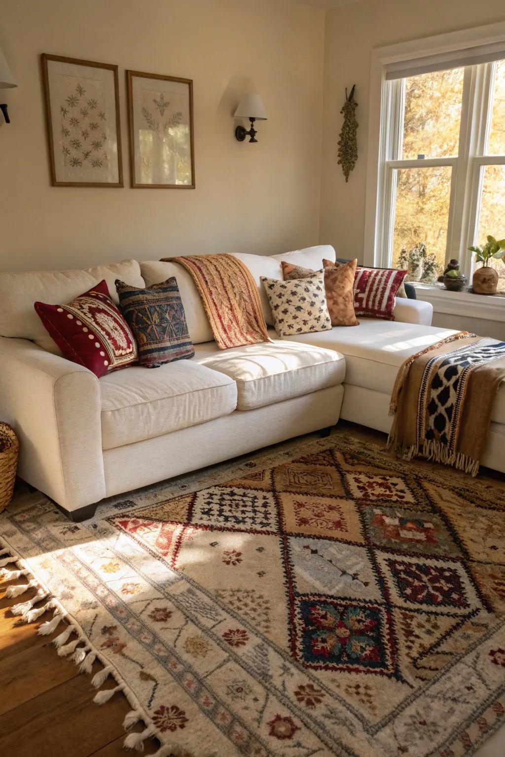 Figured weaves introduce playfulness to a living room featuring a white sectional.