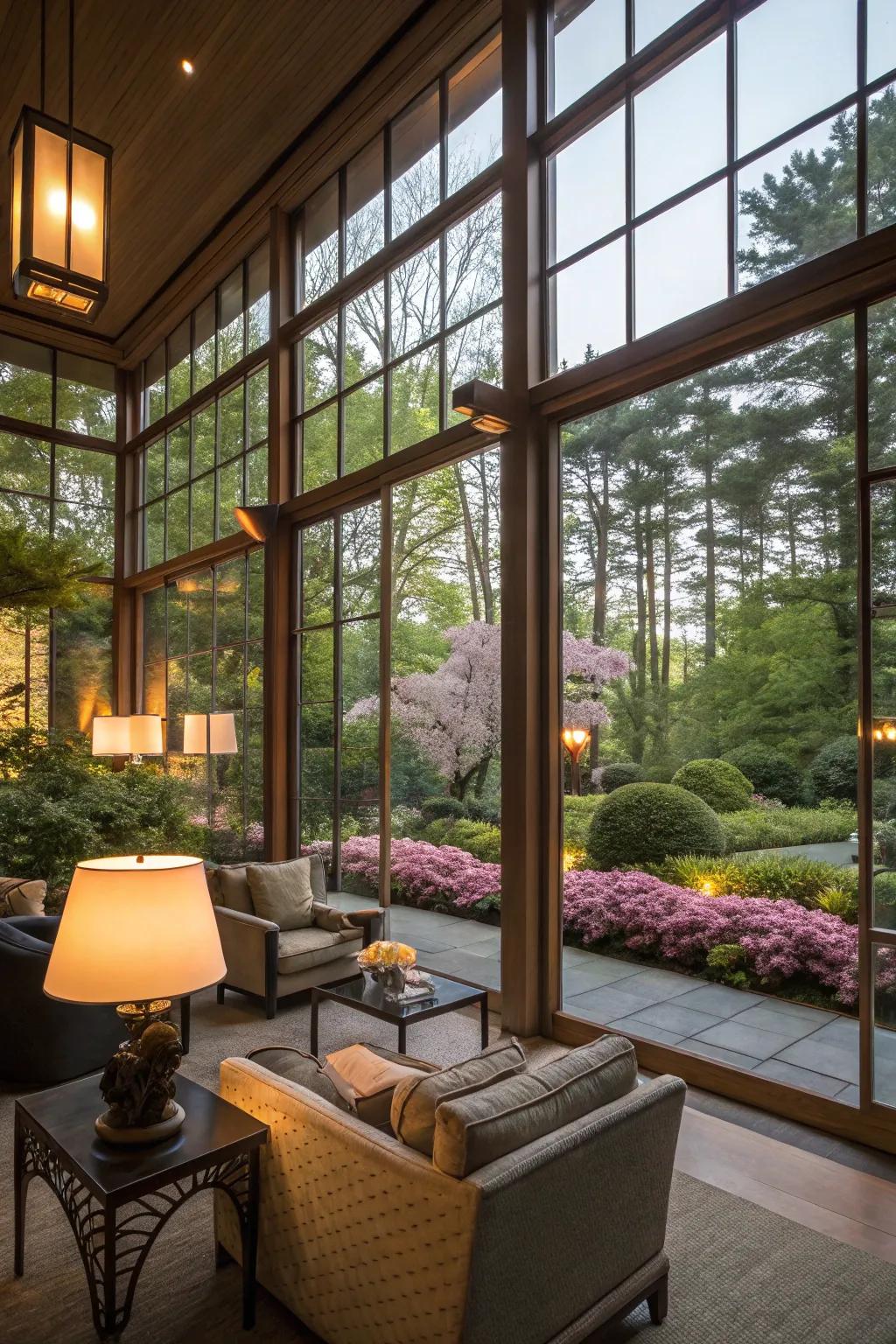 Window walls create a seamless indoor-outdoor connection.