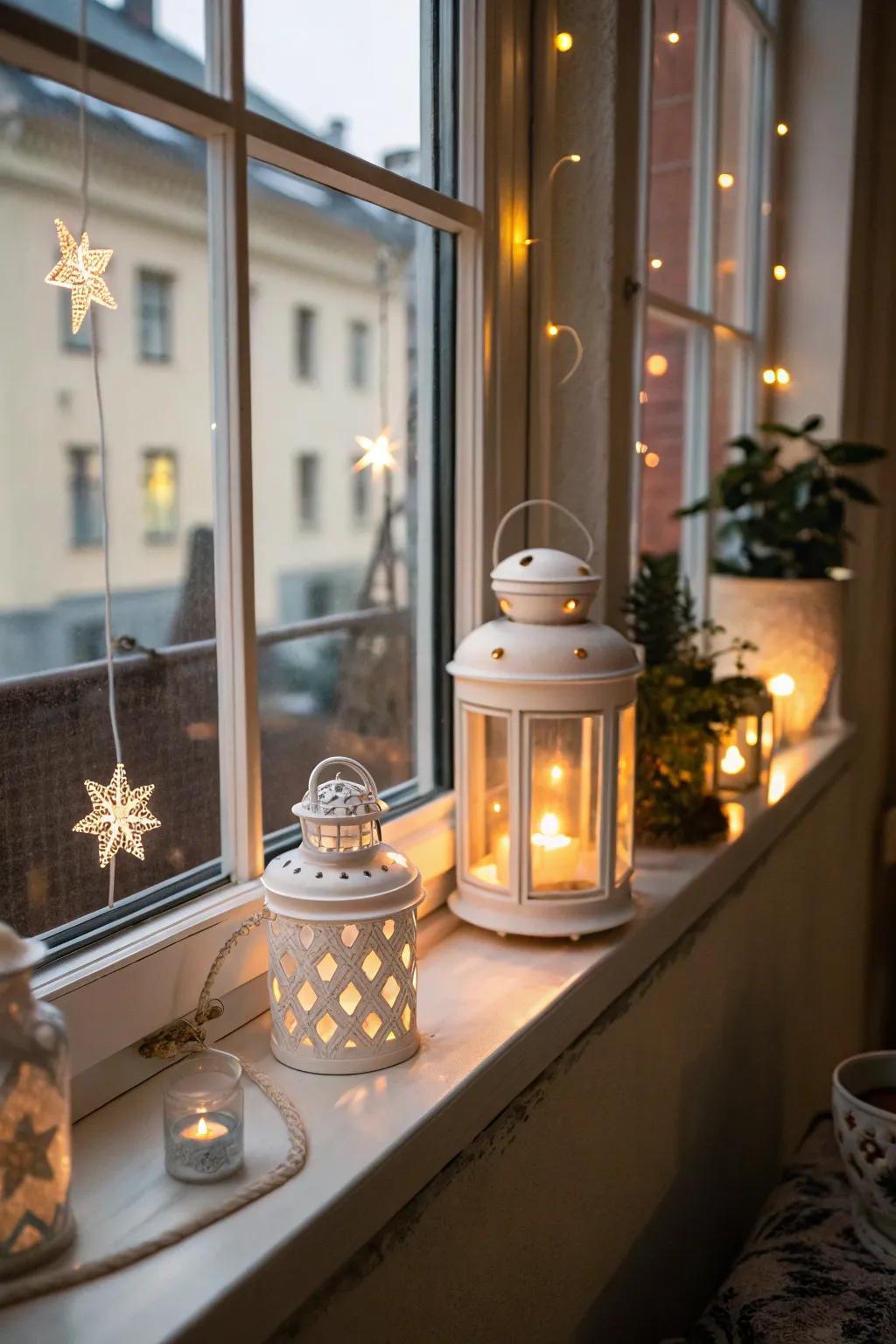 Enchanting lanterns creating a magical ambiance on a window sill.