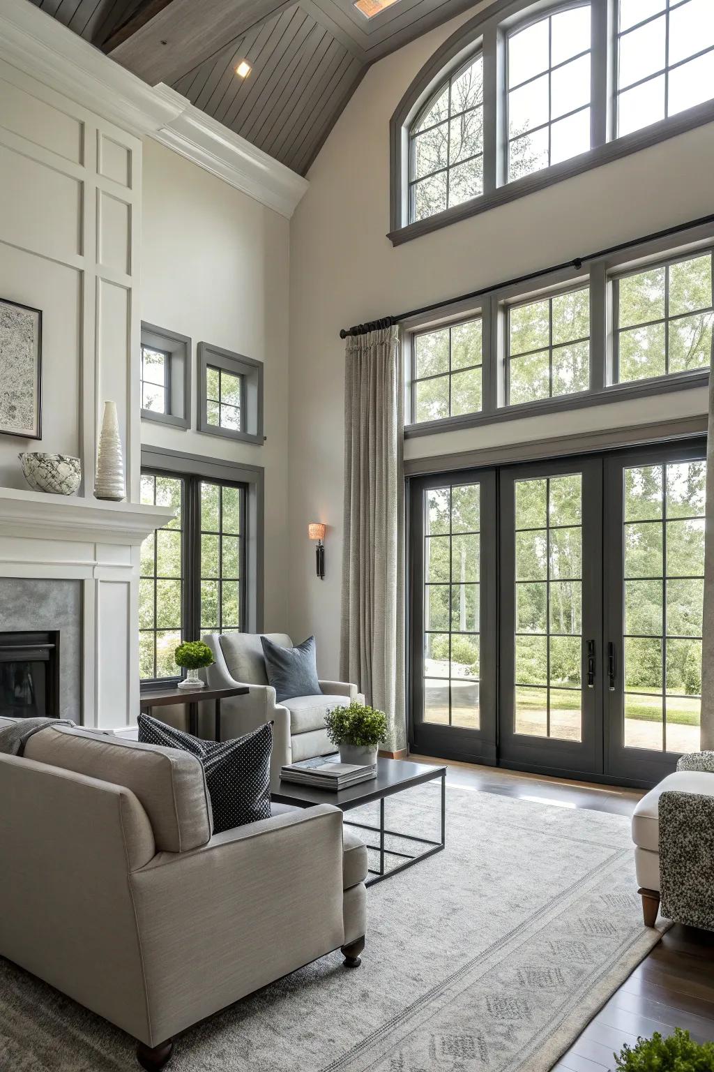 Deep gray trim adds urban sophistication to a living space.