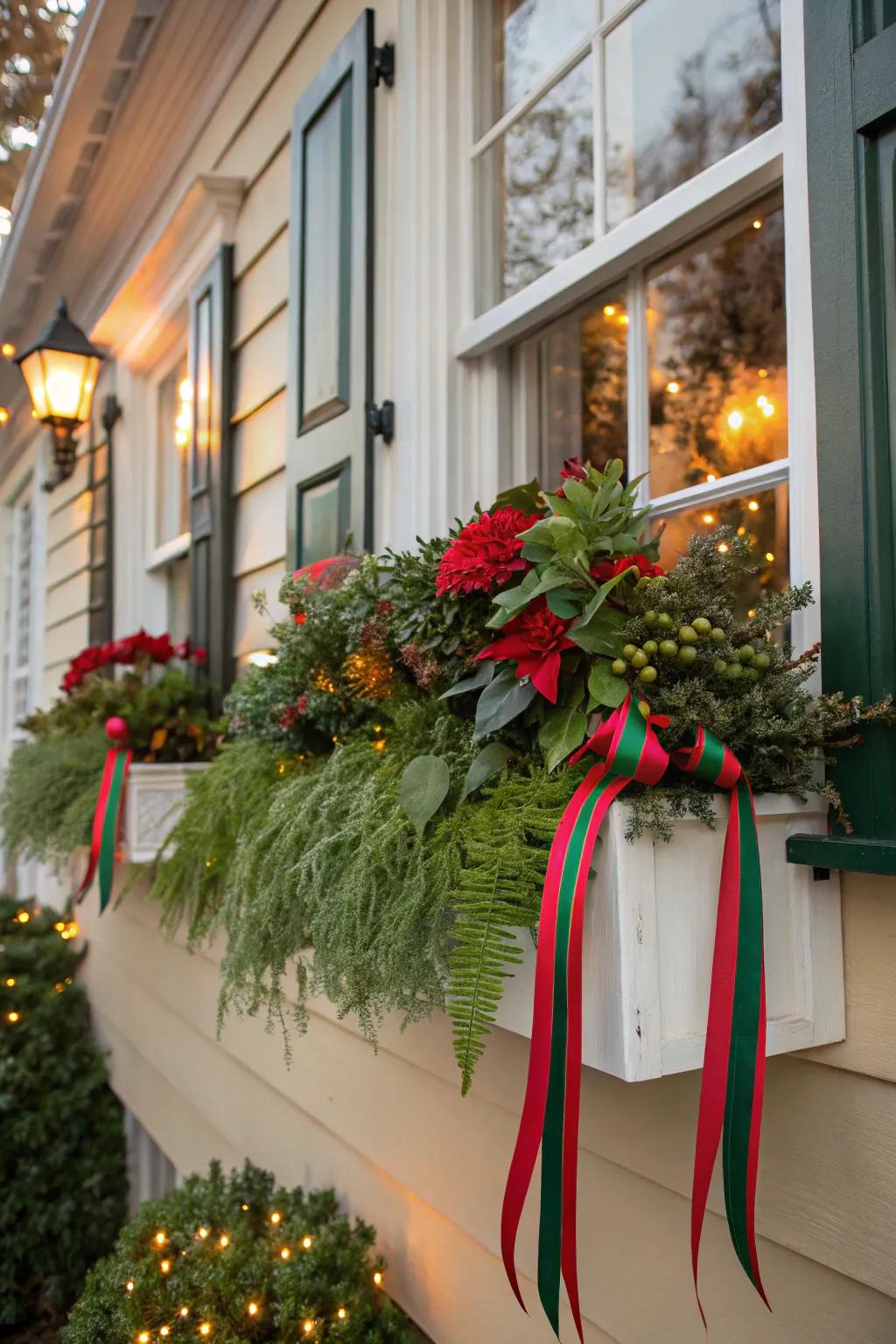 Holiday ribbons wrap this window box in cheerful warmth.
