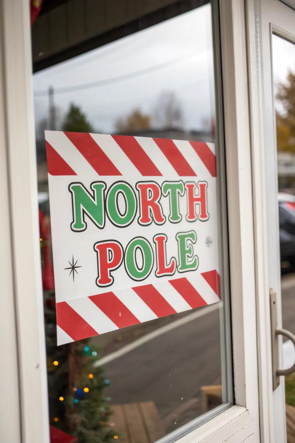 A whimsical North Pole sign invites festive fun.