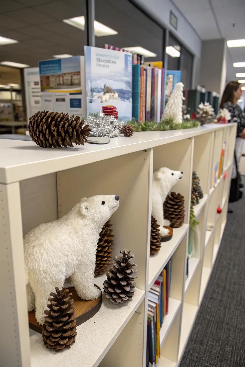 Polar bears and woodland cones carry a sportive, organic nuance to your office.