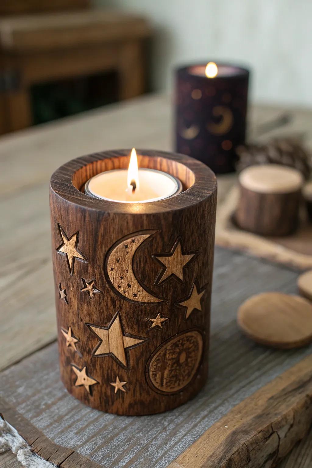 Illuminate your space with handcrafted warmth: a wood-burned candle holder featuring celestial designs.