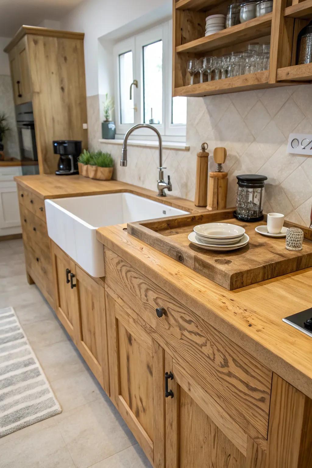 An integrated timber basin for a seamless and distinctive cooking area attribute.