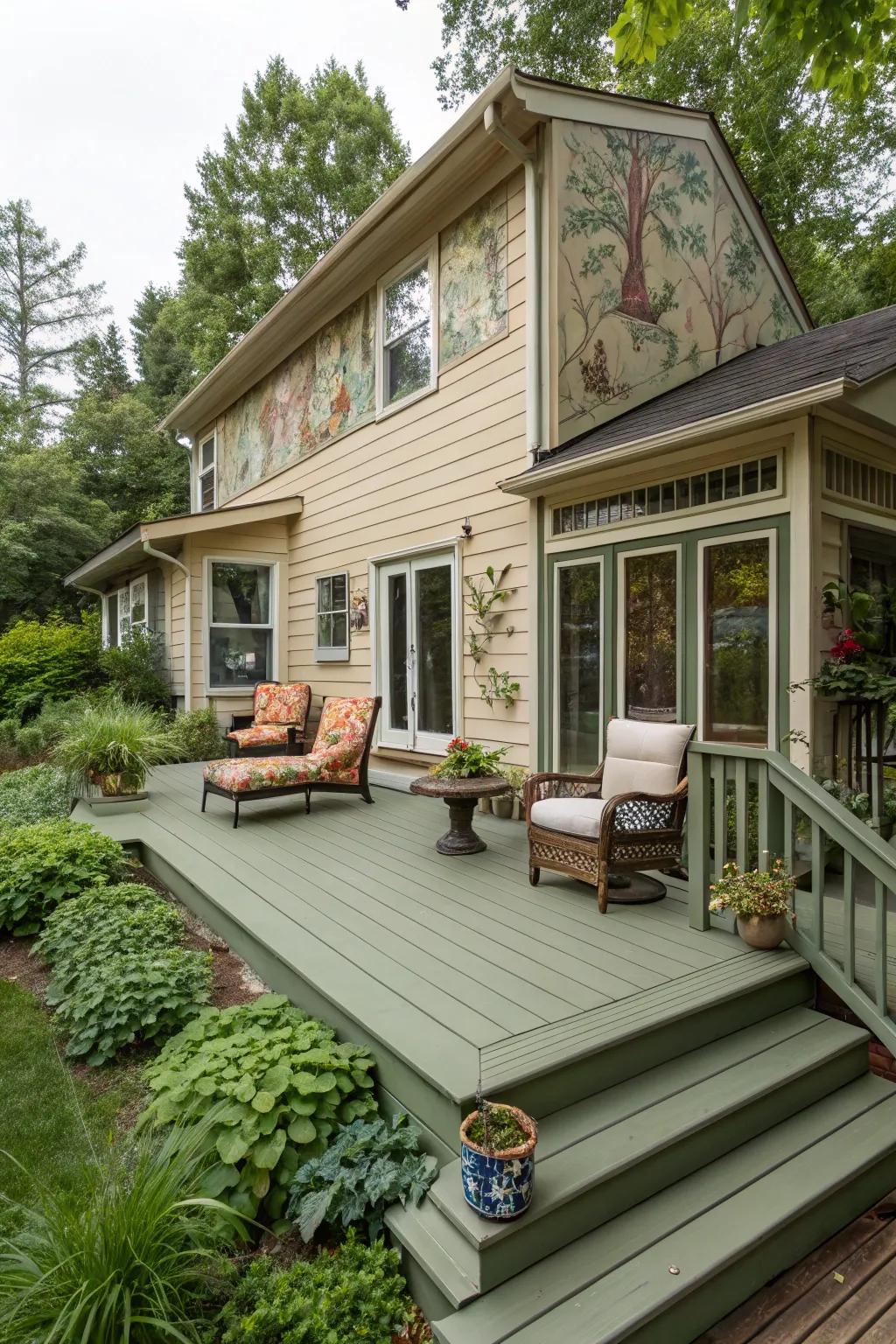 Sage green decking brings a peaceful, earthy touch to a tan house.