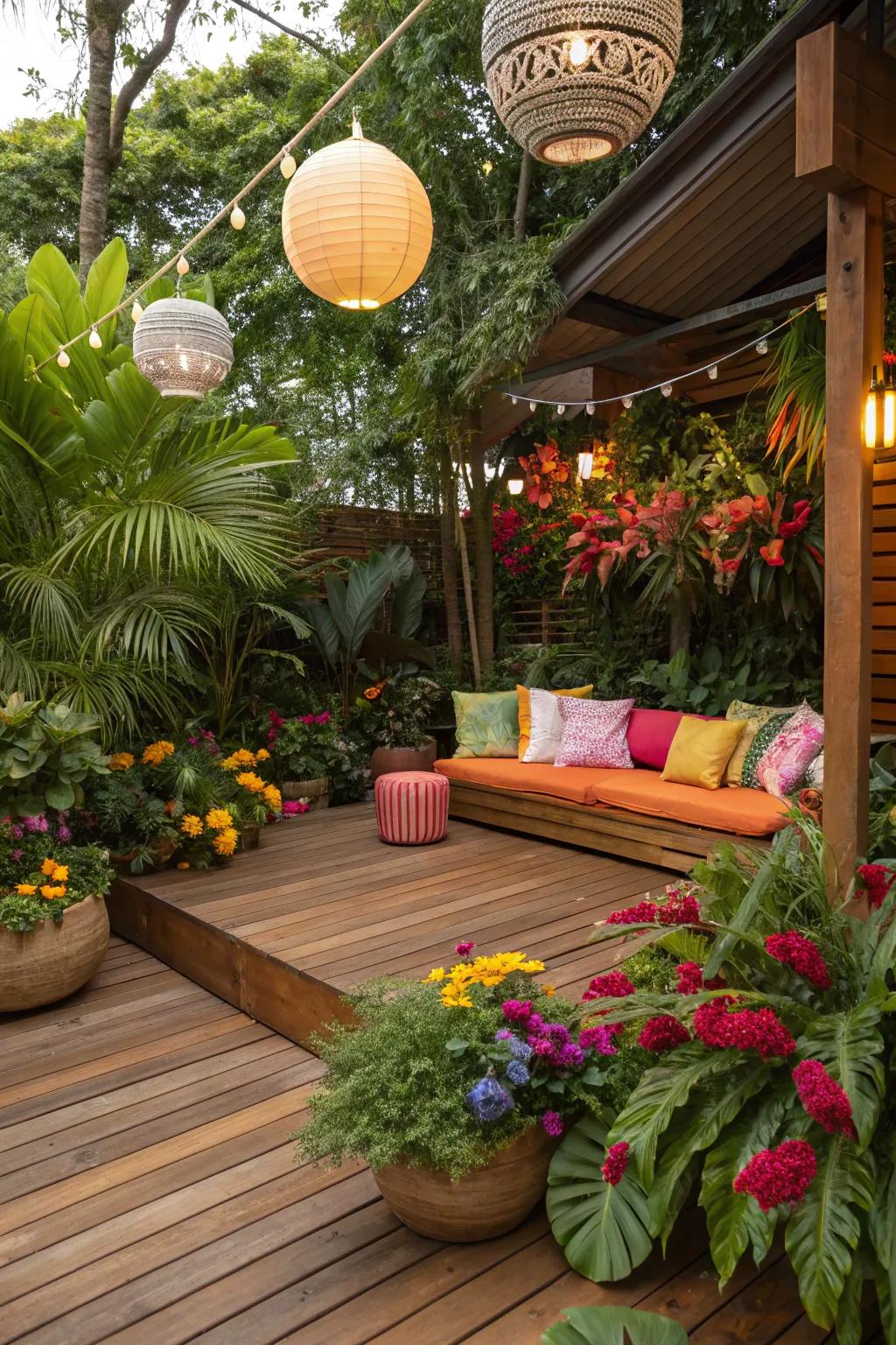 A tropical-themed deck delivers an exotic escape directly at home.