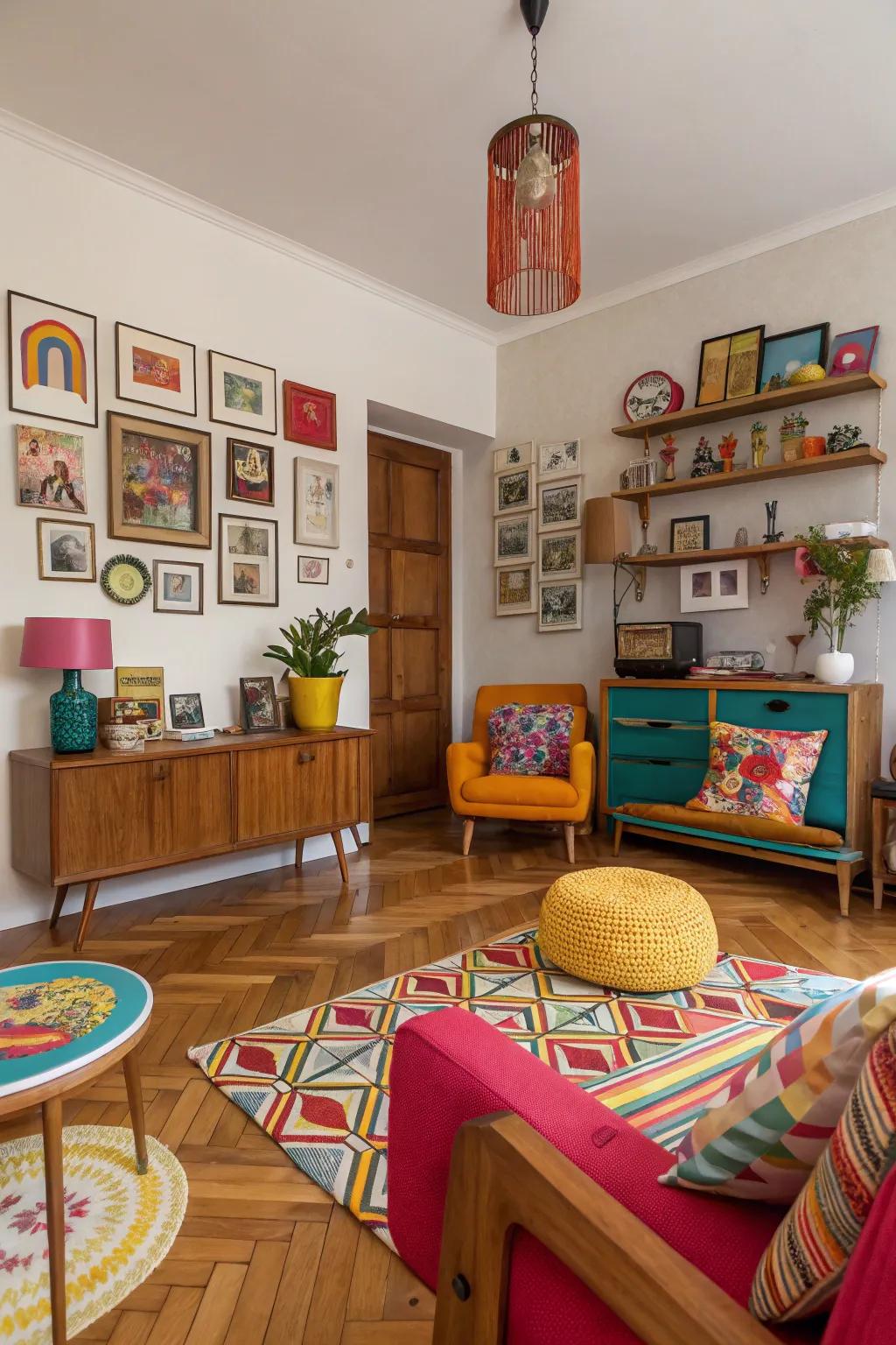 Eclectic room with playful mixed wood tone flooring.