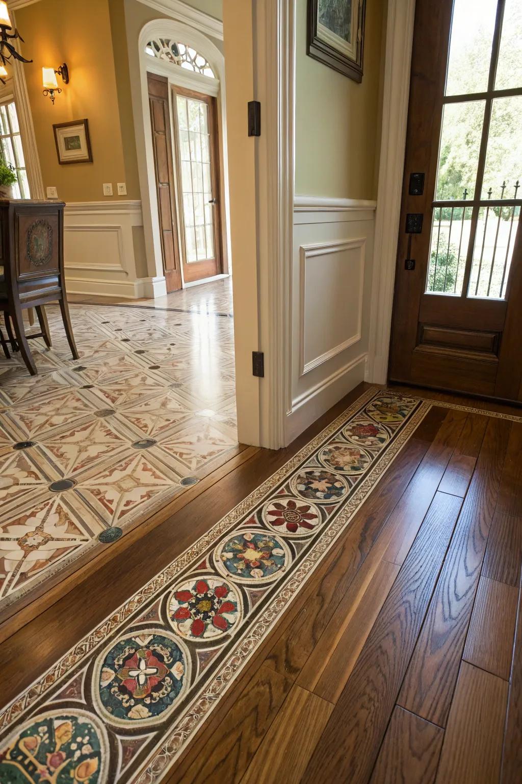A refined entryway showcases a tiled area transitioning to wood flooring.