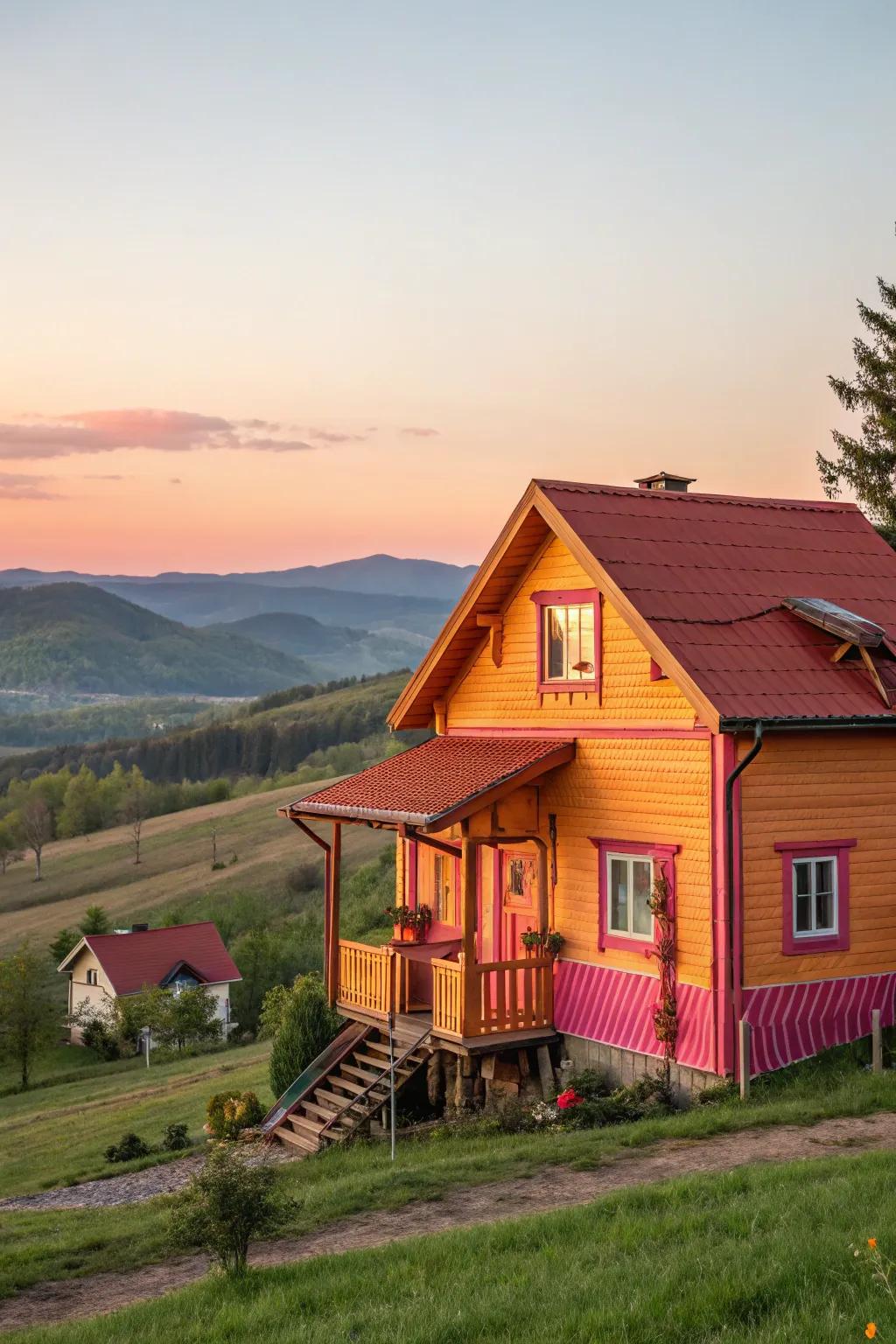 A vibrant wood-clad house that captures the essence of a sunset with warm hues.
