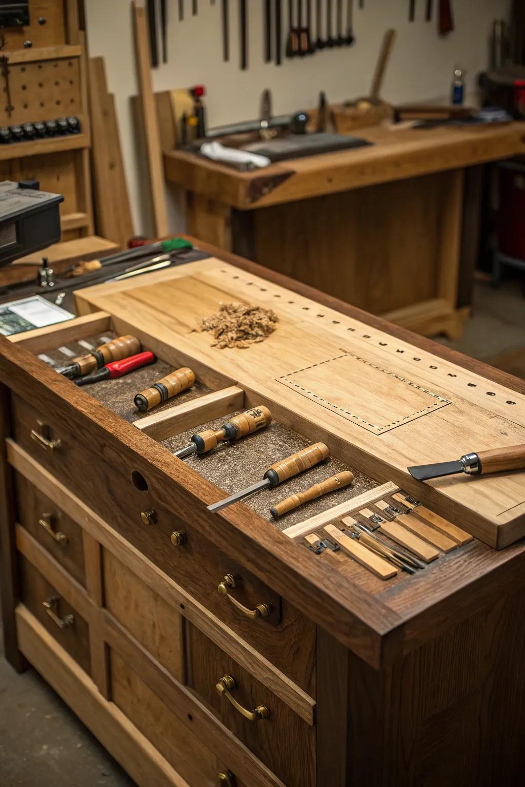 Master your craft with a flawlessly arranged woodshop: Specialized zones for cutting, assembling, and polishing.