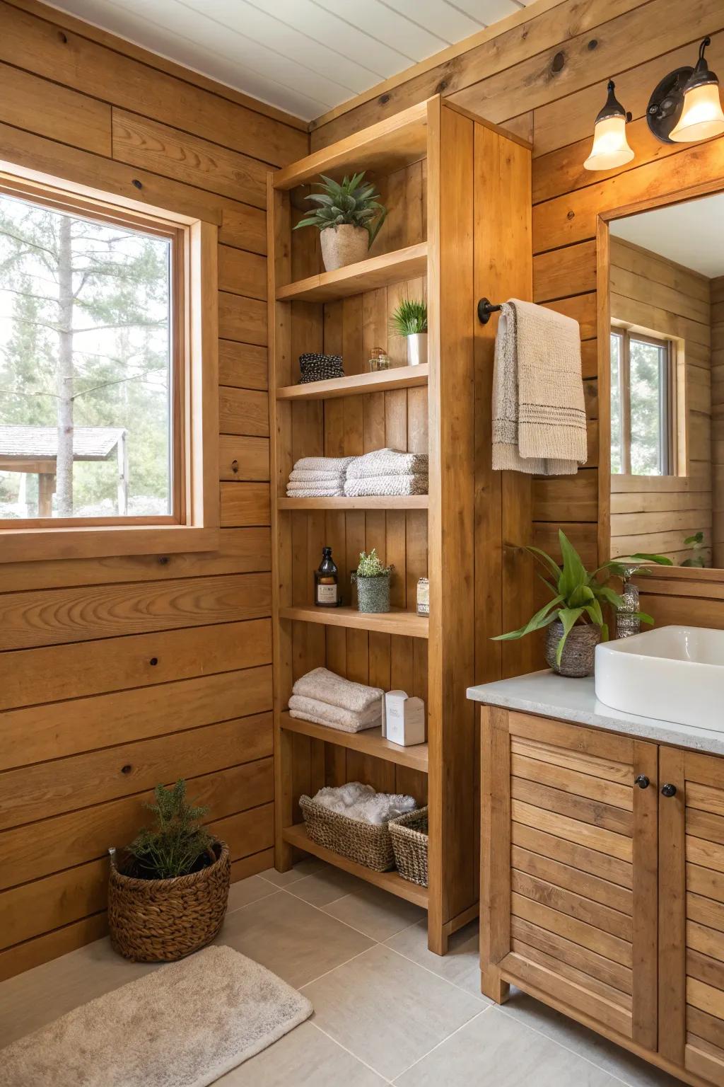 Useful design with built-in storage in wood walls.