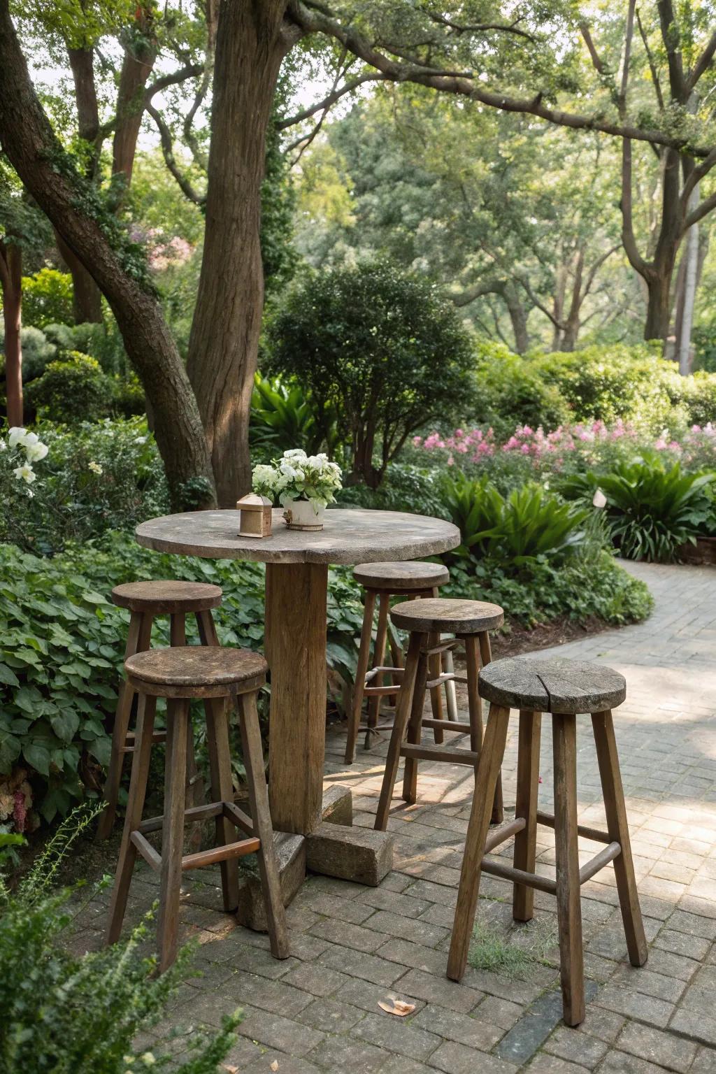 Weather-resistant wood stools are great for outdoor gatherings.