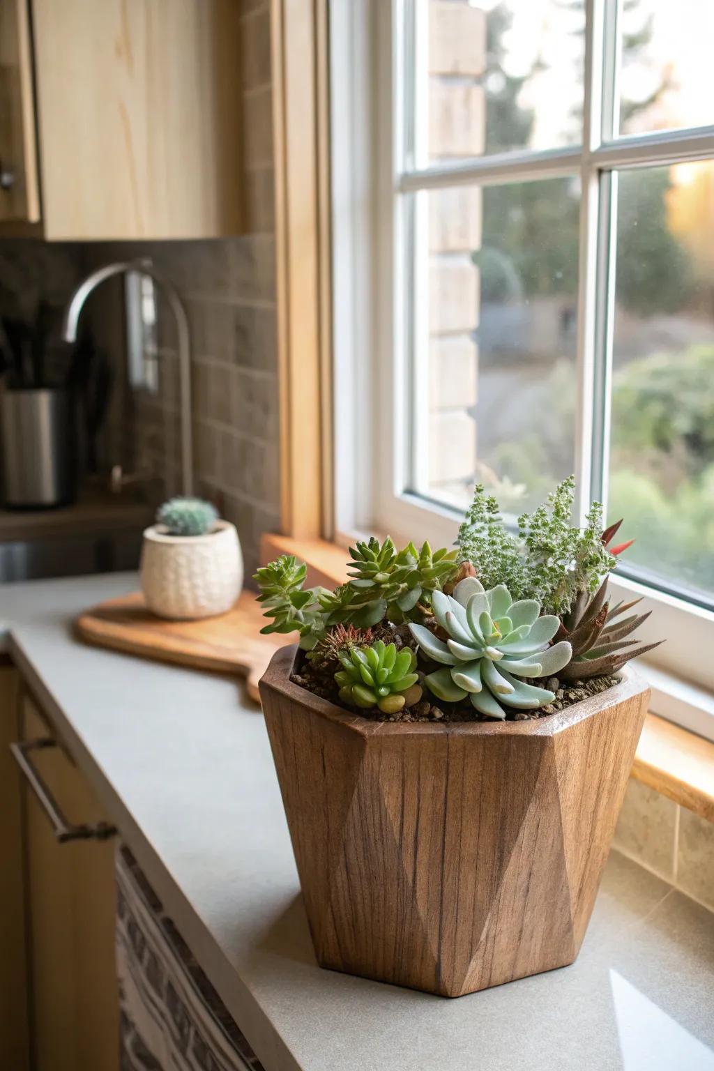 Relish minimal-upkeep splendor through succulent-filled timber vessels.