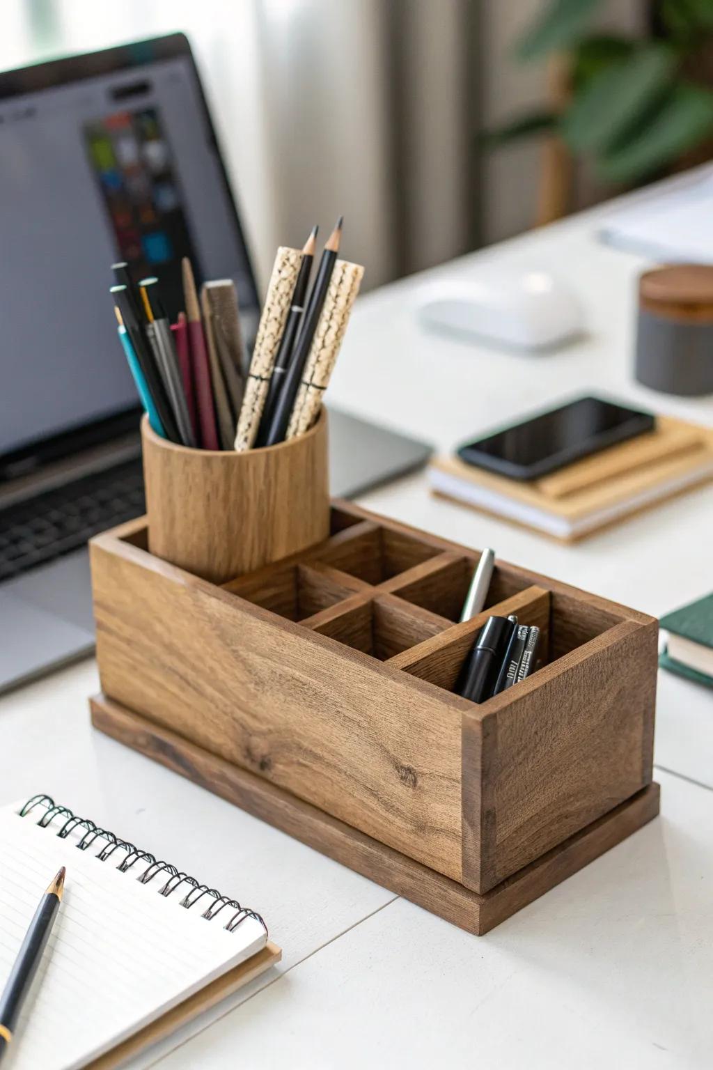 A wooden writing instrument holder that adds sophistication to workspace organization.