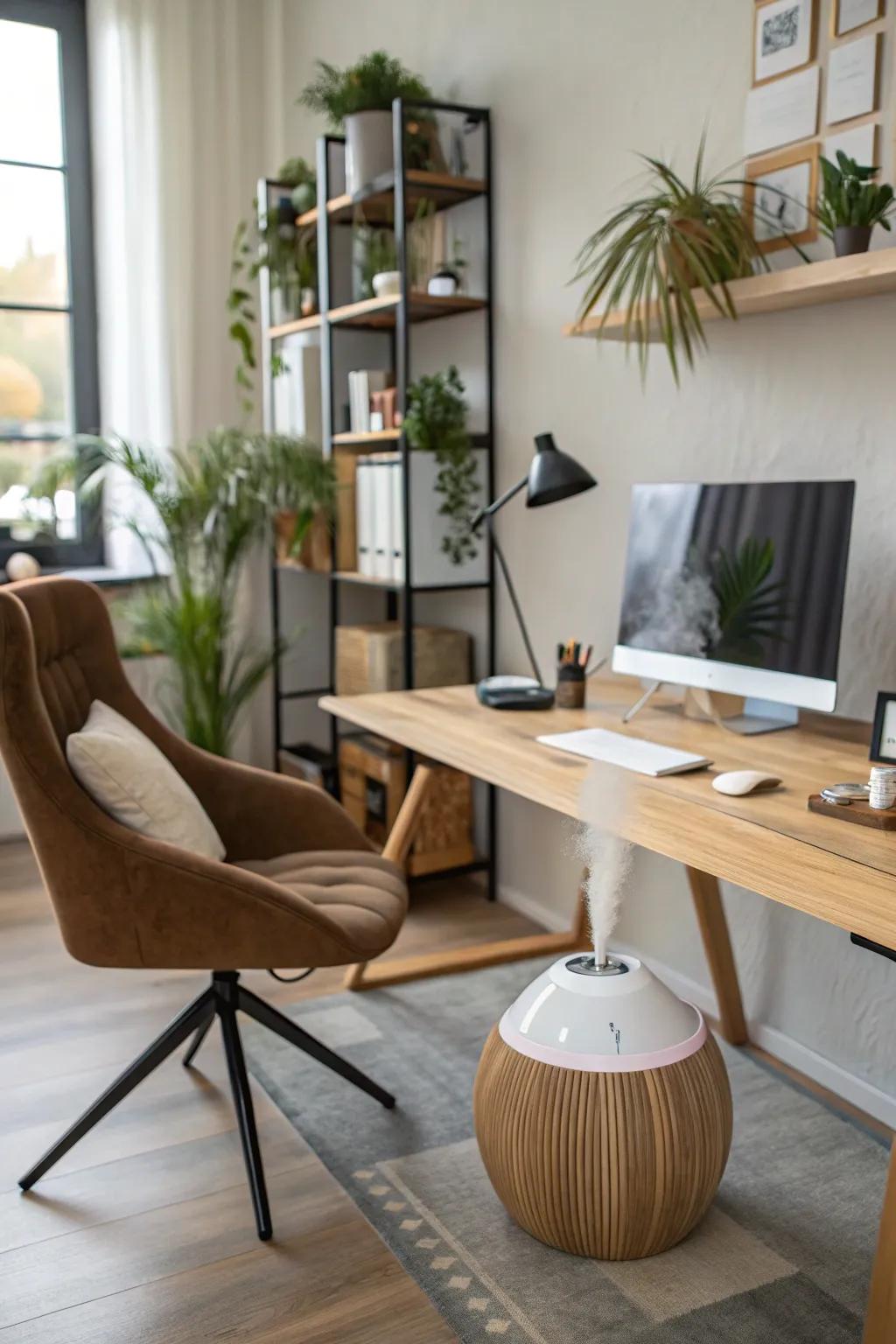 A decorative diffuser adds fragrance and enhances the workspace's ambiance.