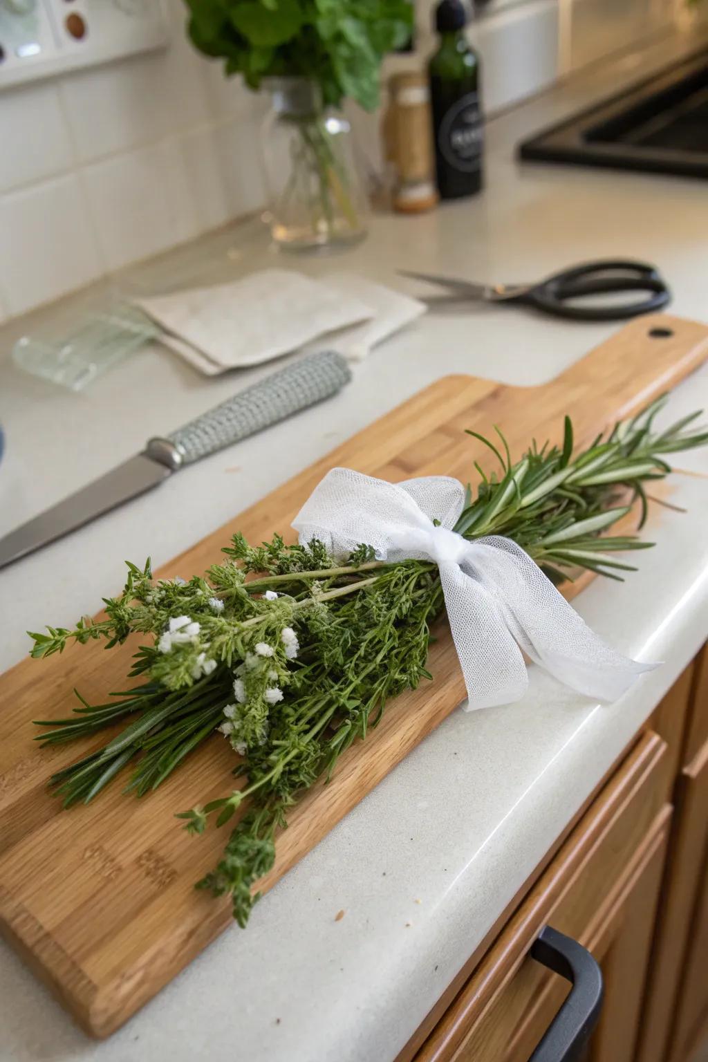 Aromatic wrist adornment incorporating fresh garden greens.
