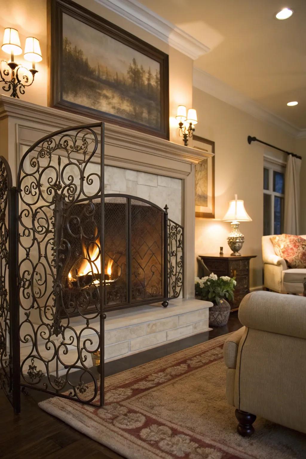 An iron screen adds grace to the fireplace.