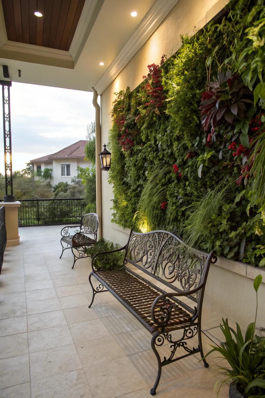 An elevated garden backdrop enriches the wrought iron patio experience.