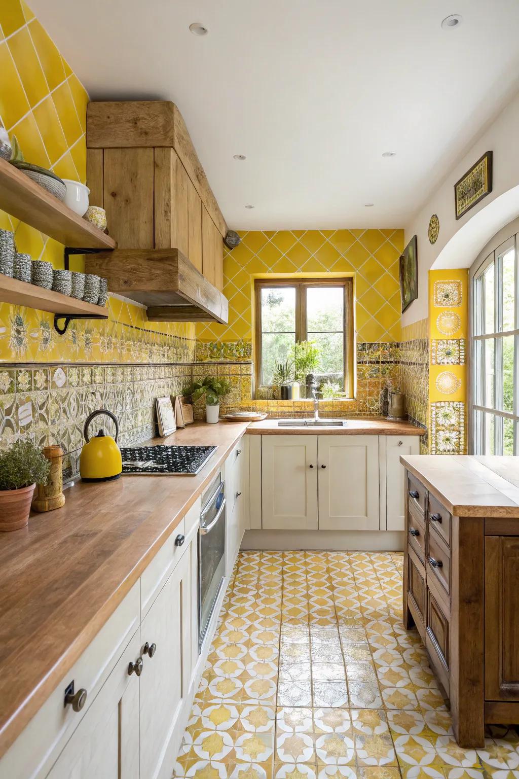 An eclectic arrangement of goldenrod tiles creates a standout backsplash.