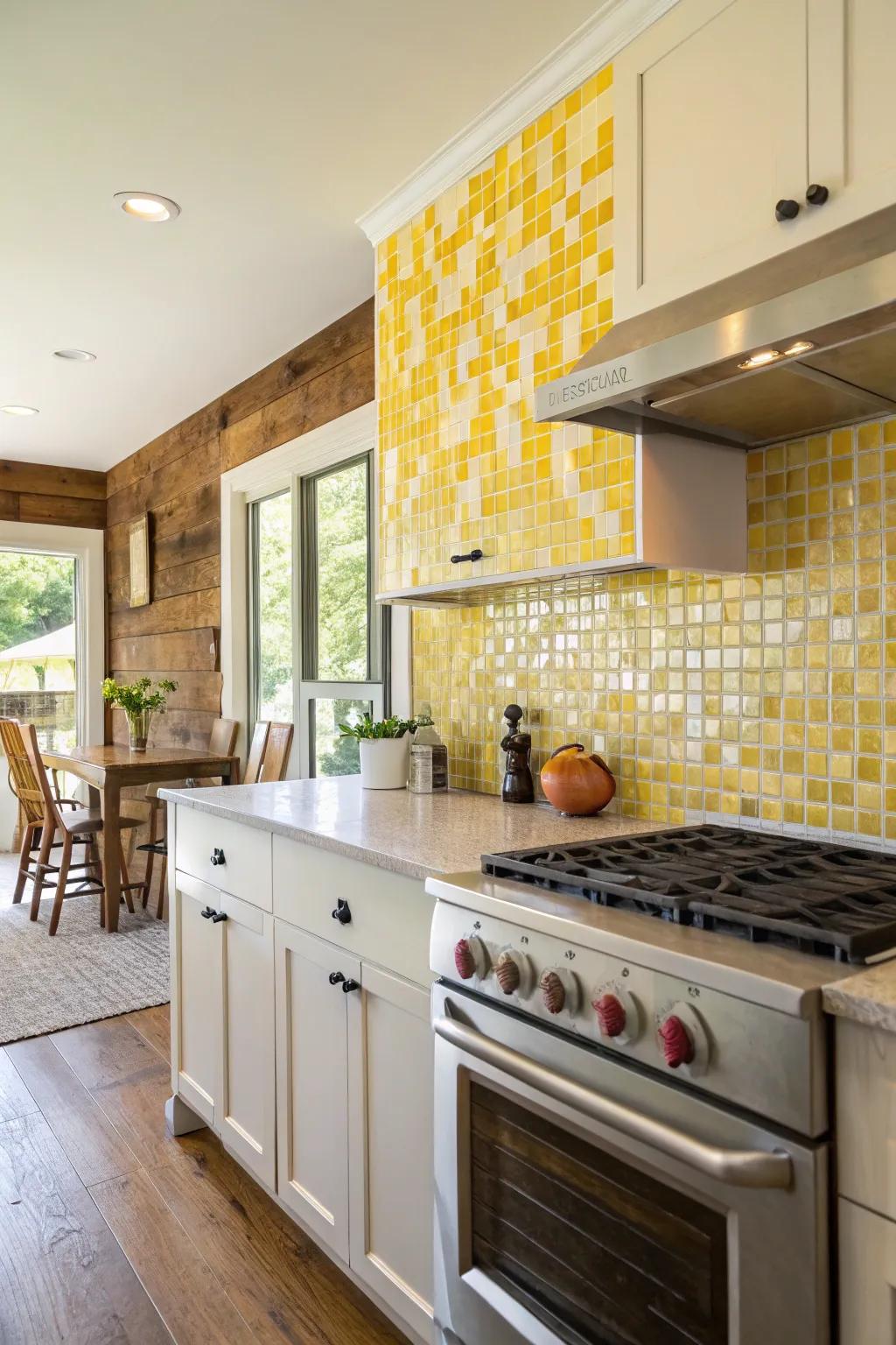 An artistic yellow backsplash contributes a customized, eye-catching aspect.