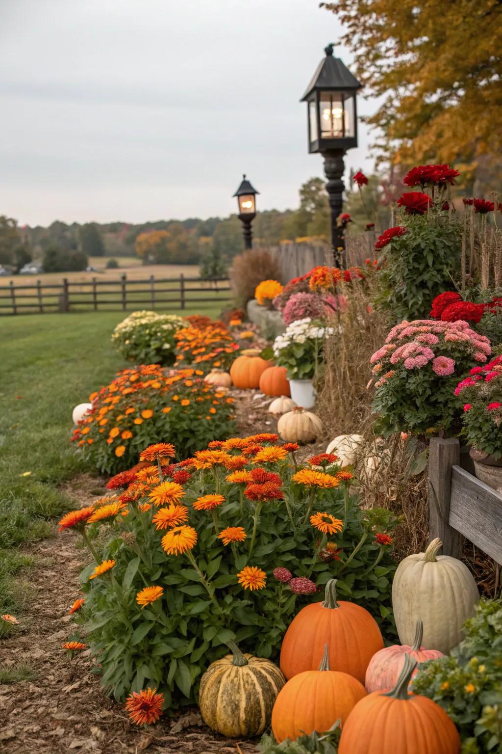 Seasonal charm flourishes in a Glowbloom garden, enhanced by the presence of pumpkins and lanterns.