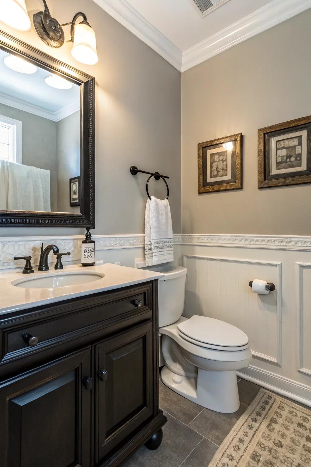 Dark fixtures create contrast in this light-filled half bath.