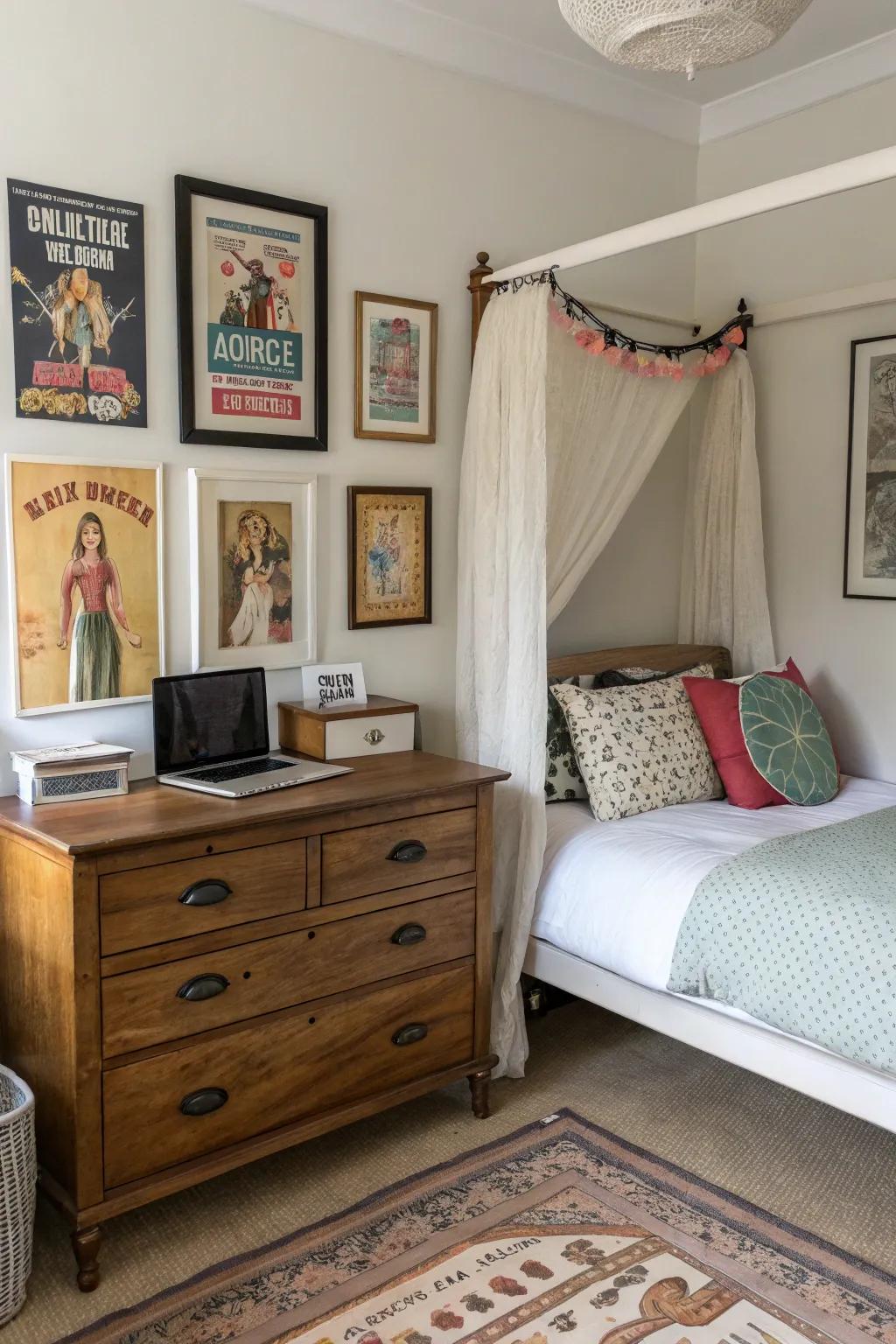 A blend of vintage and modern decor creates a unique and timeless space.