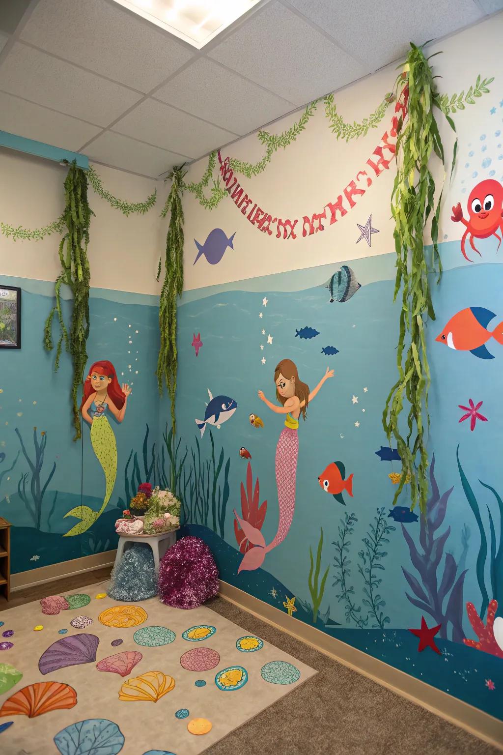 An under the sea themed party presenting vibrant aquatic decorations.