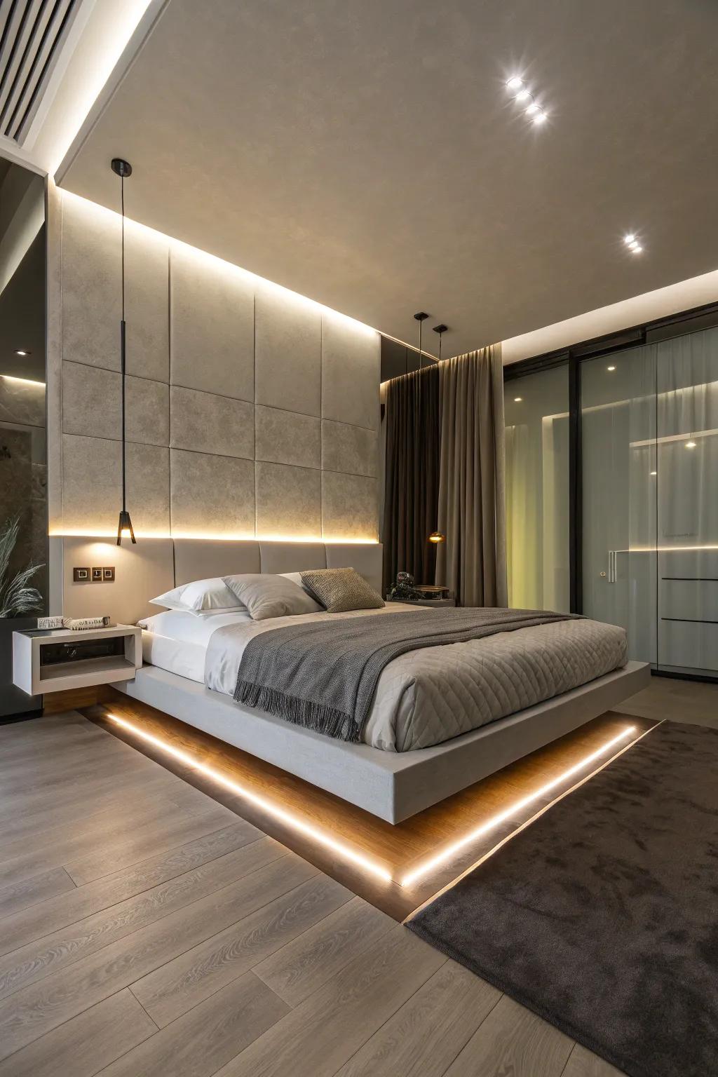 A floating bed with underlighting creates a sleek, modern look.
