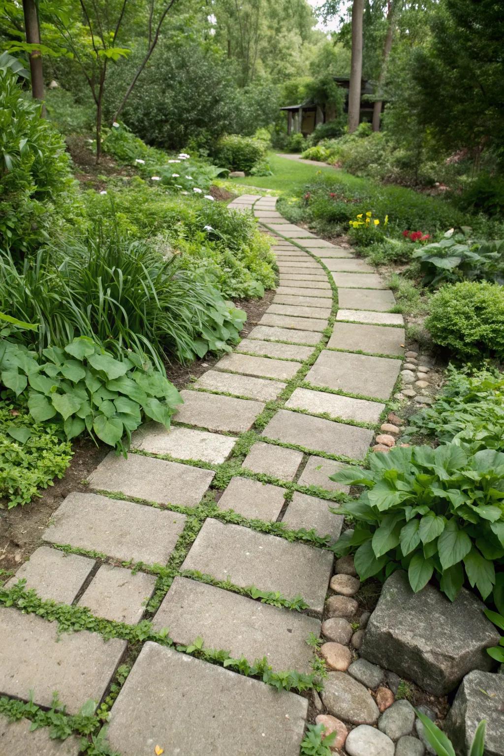 Greenery between stones for a fresh, vibrant path.