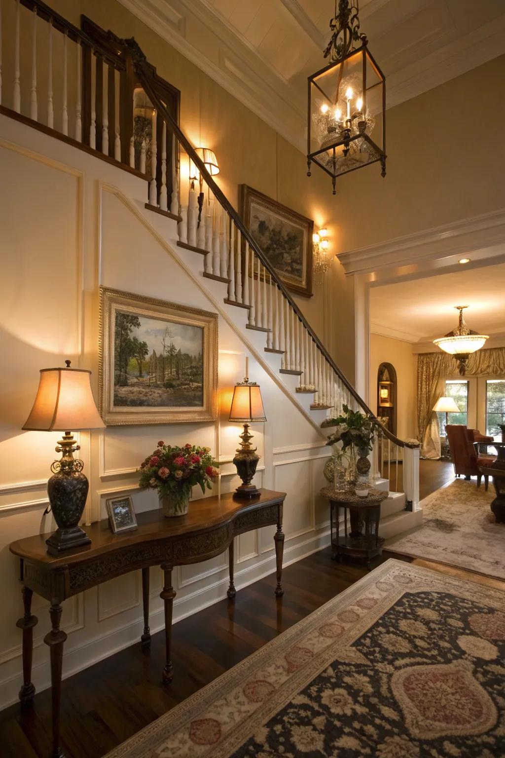 Layered illumination contributes dimension and atmosphere to the entryway.