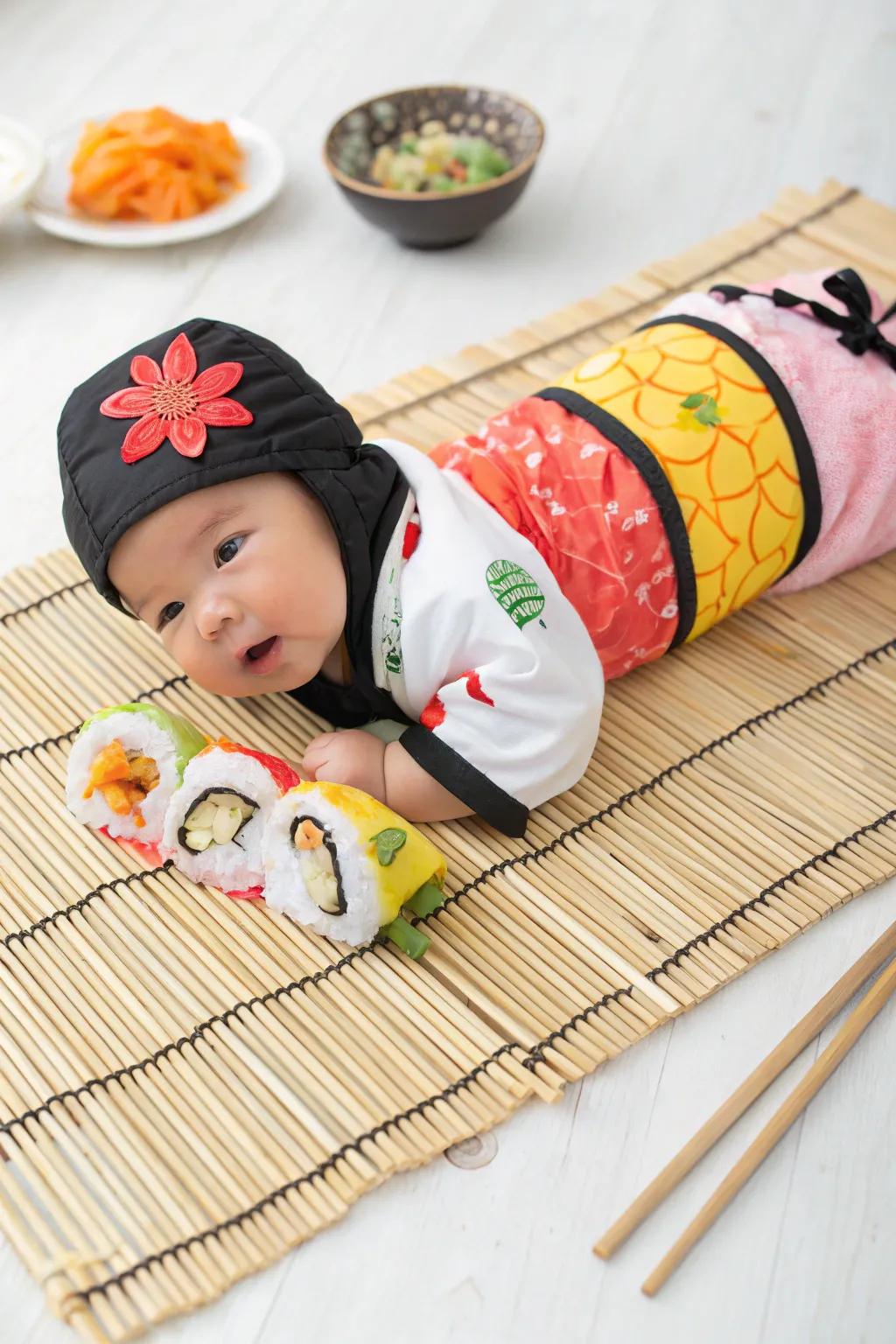 A sushi roll costume that's almost too cute to eat, perfect for a unique Halloween look.