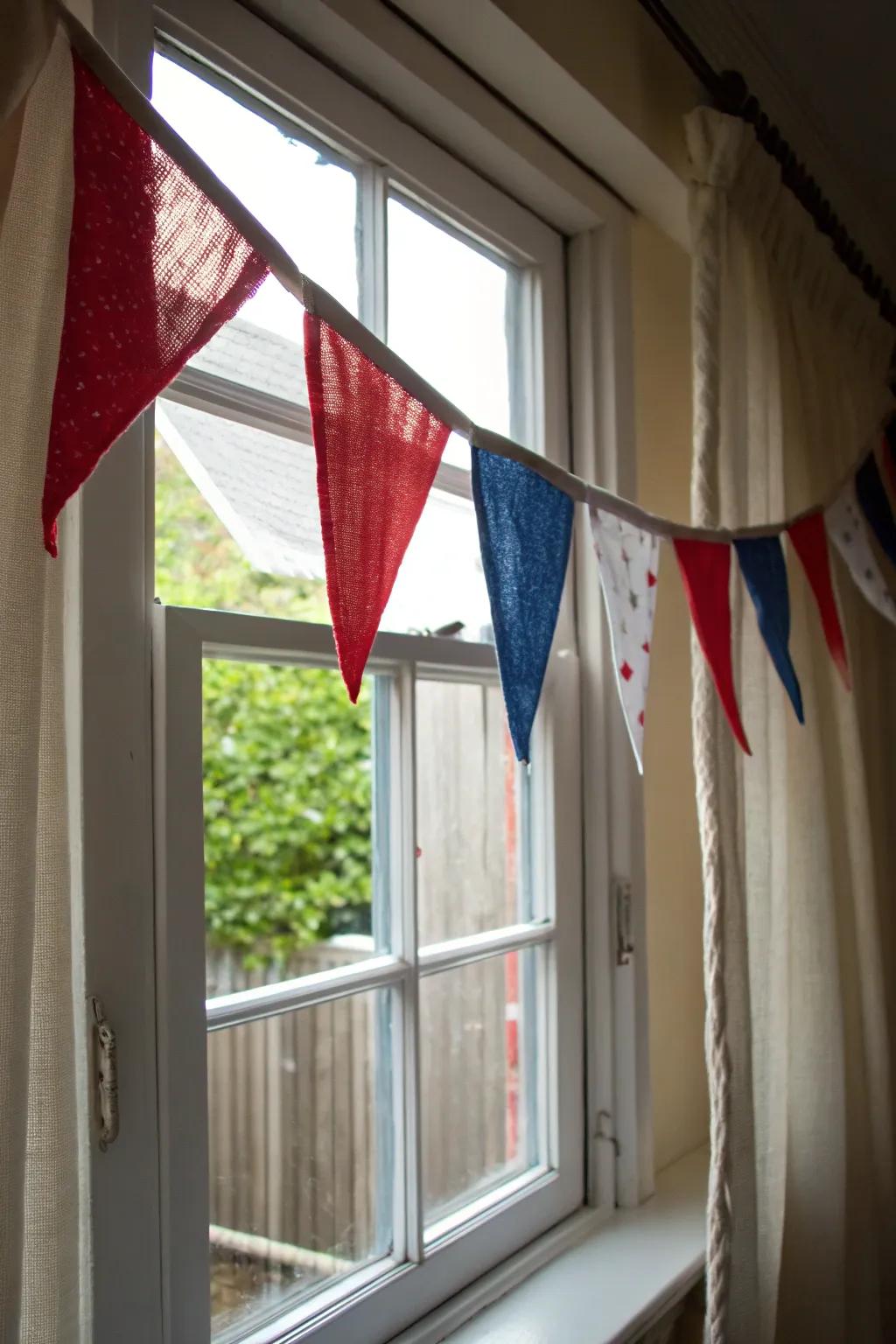 Handmade fabric bunting appends charm to windows and walls.