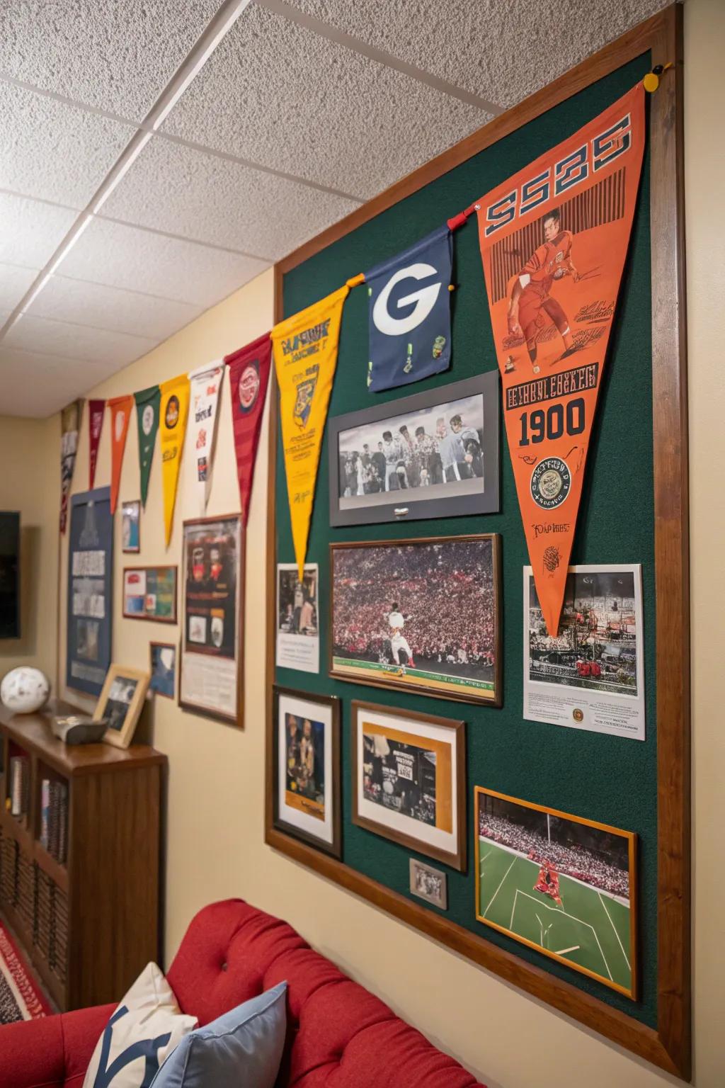 80s athletic memorabilia showcased on a pinboard in an athletic-themed chamber.