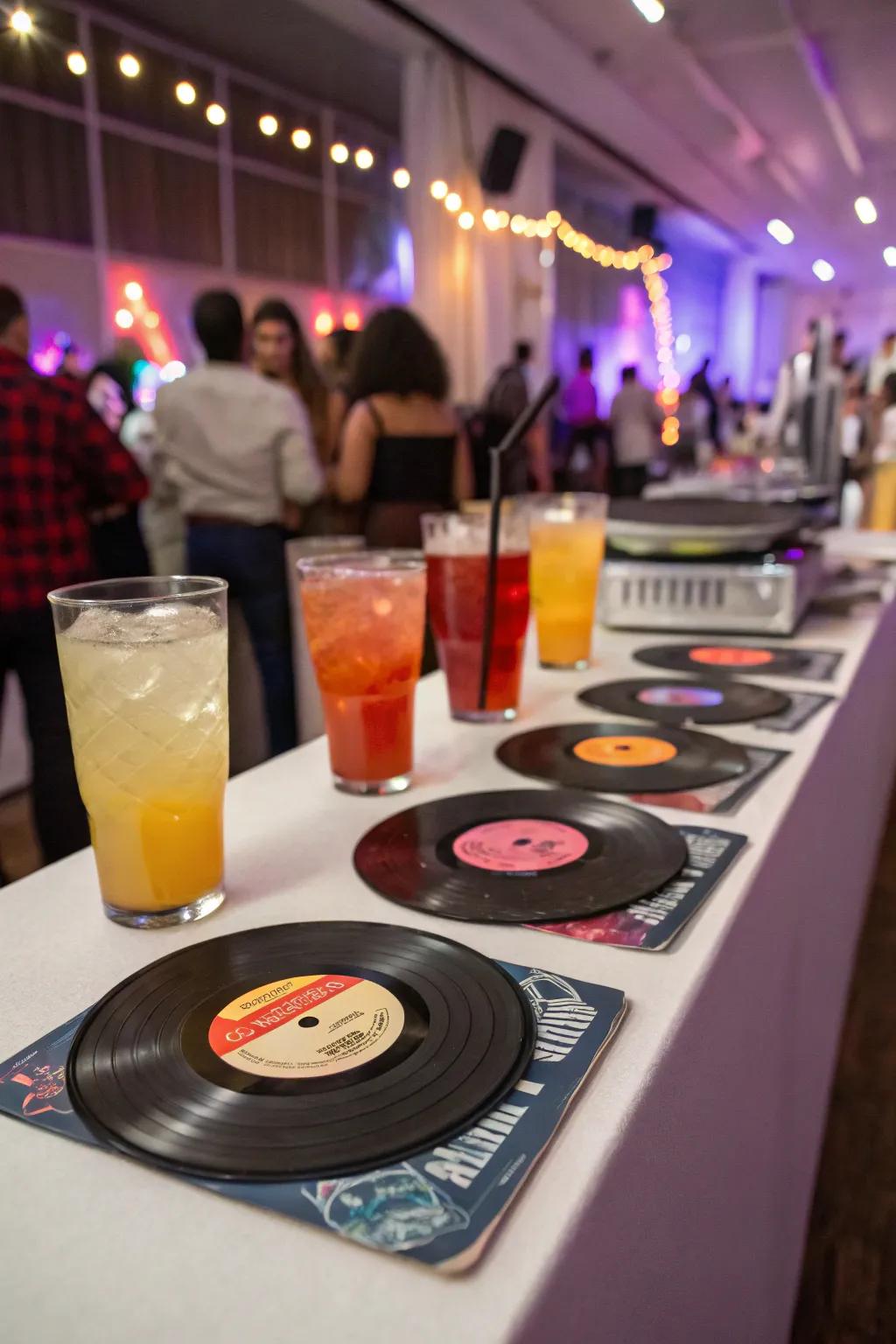 Vinyl record coasters add a personal and nostalgic touch to your party.