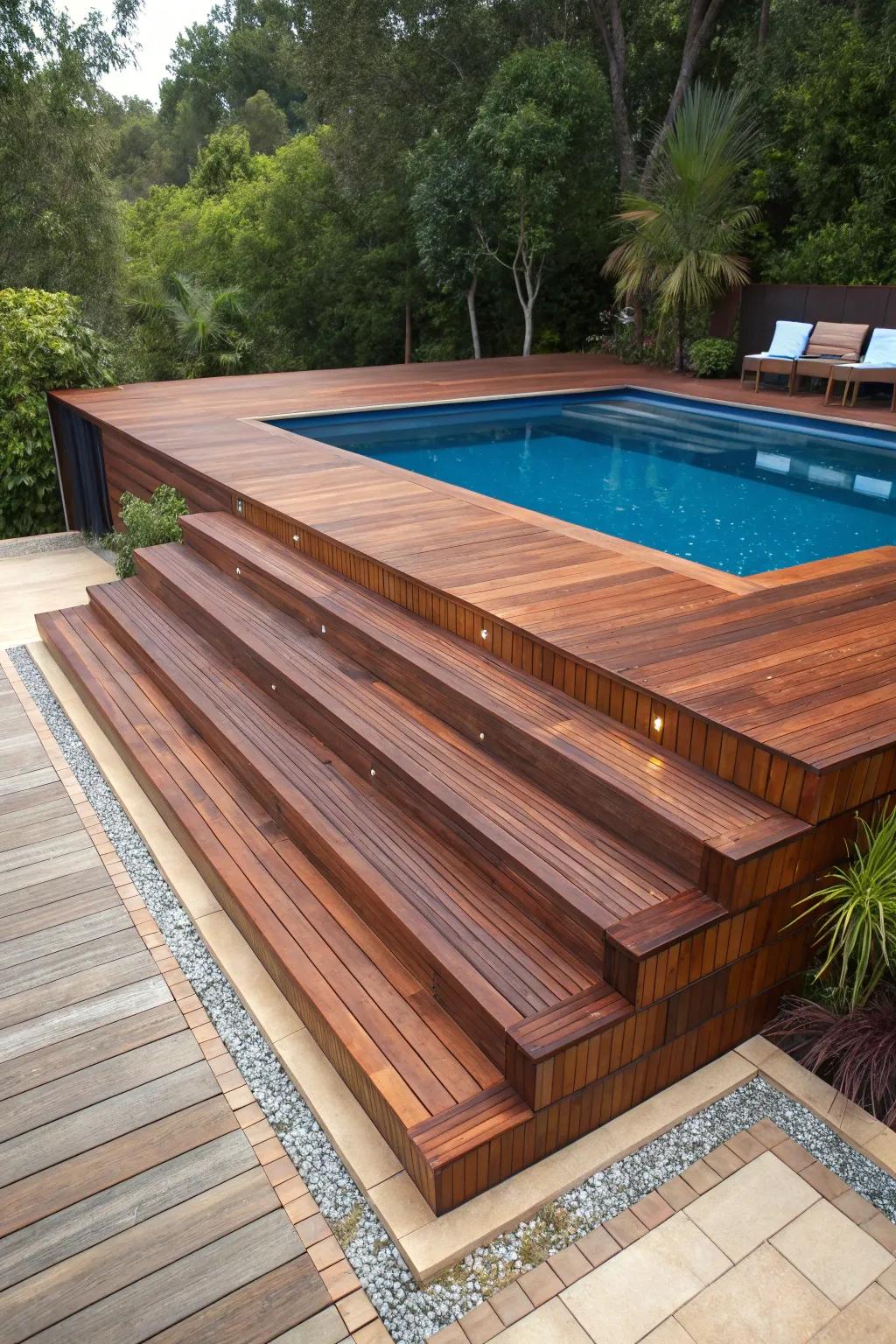 Enhance your poolside experience with affordable layered decking that radiates skilled construction and style.