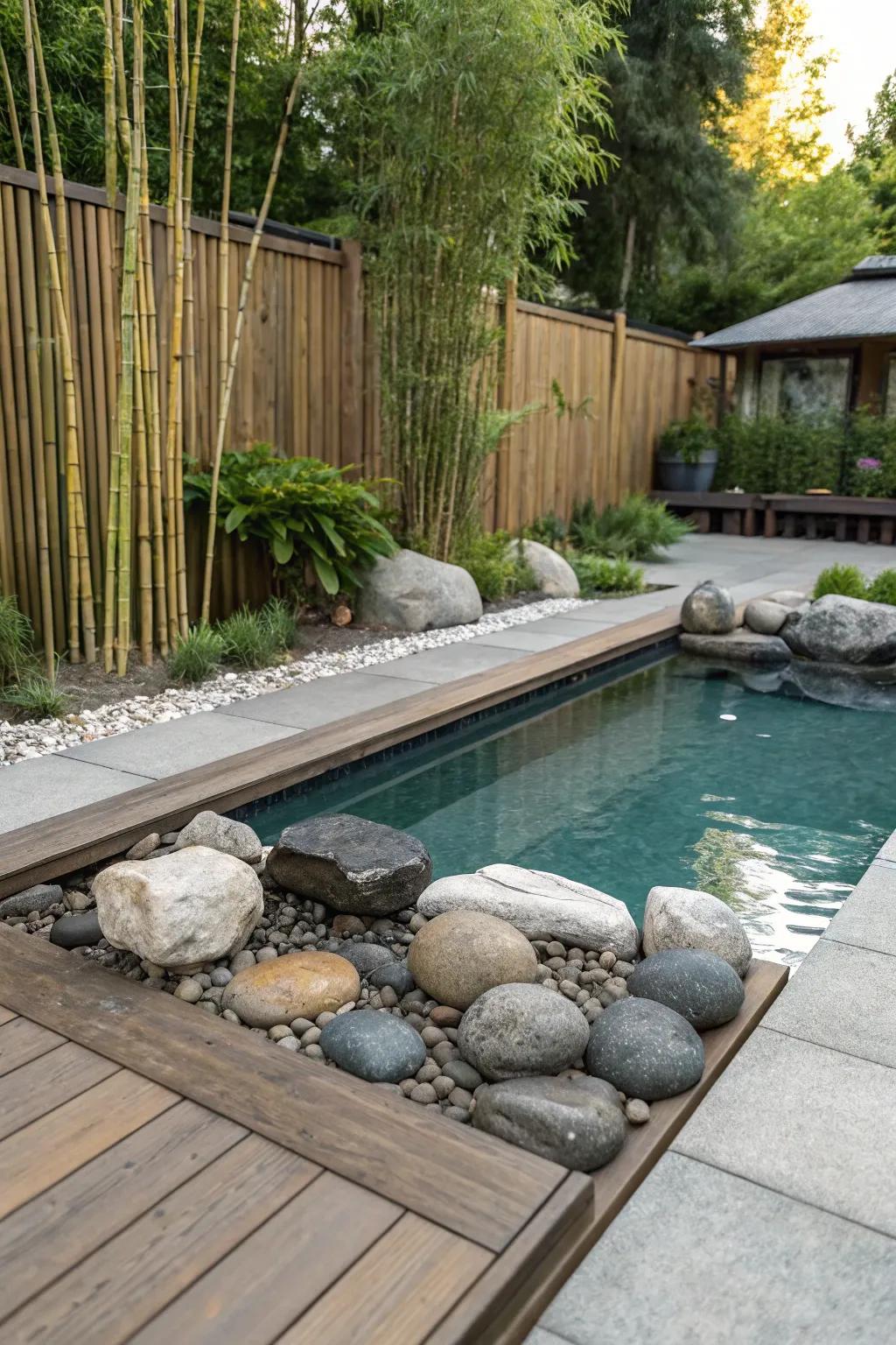 Create a peaceful escape with a Zen garden-inspired pool deck.